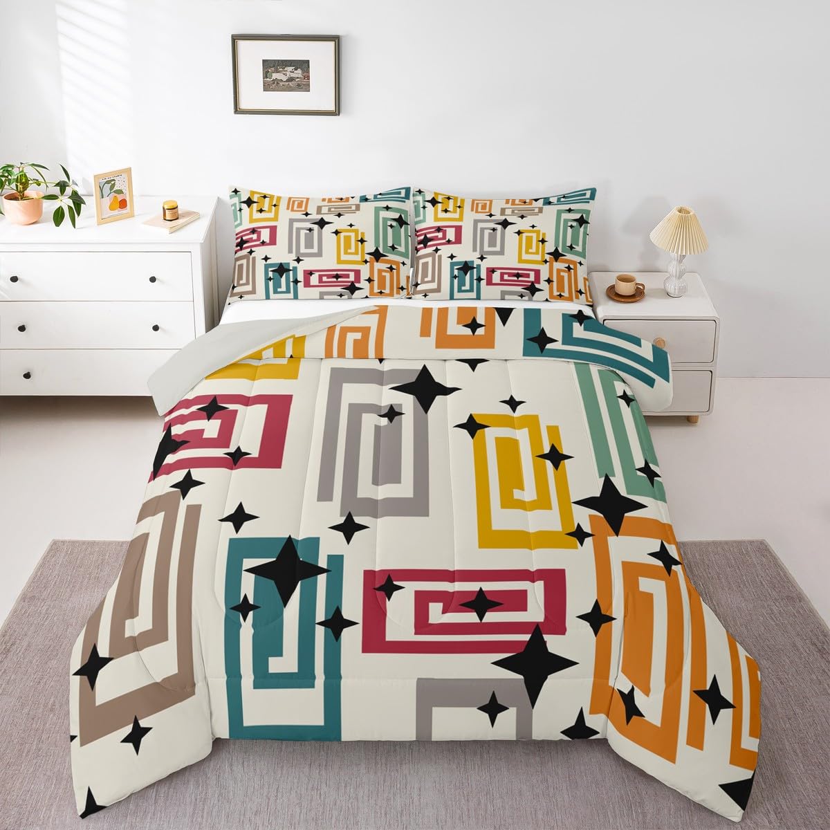 Erosebridal Boho Abstract Geometric Bedding Set King Colorful Geometric Pattern Comforter Set for Kids Boys Girls Black Stars Print Down Comforter,Bohemia Modern Art Quilt Duvet
