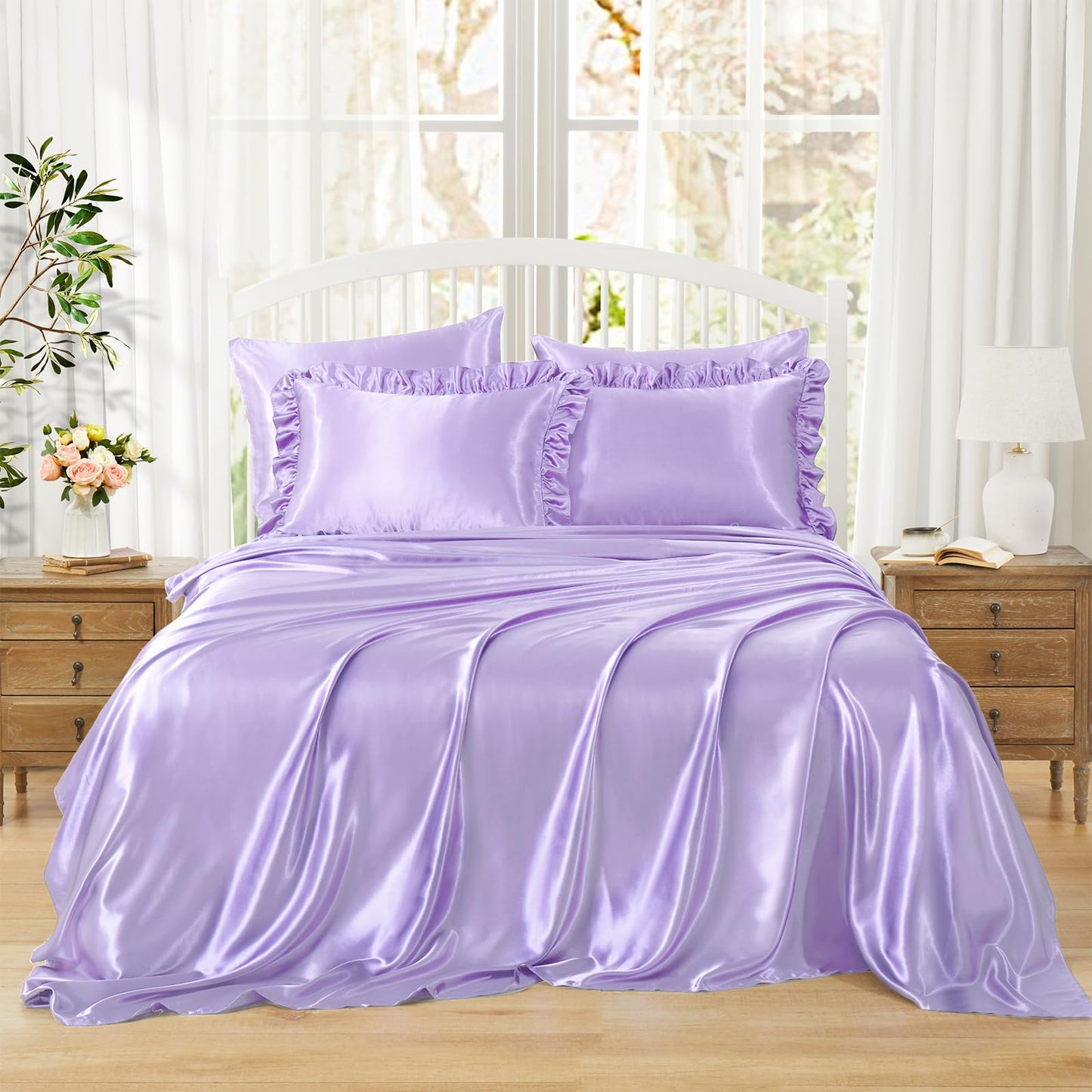 Homiest Ruffled Satin Sheets Full Size 6pc Set - Lavender Purple Bed Sheet Set with 15 Inch Deep Pocket Fitted Sheet, 1 Flat Sheet, 2 Ruffled Pillow Shams & 2 Pillowcases, Similar to Silk Sheets