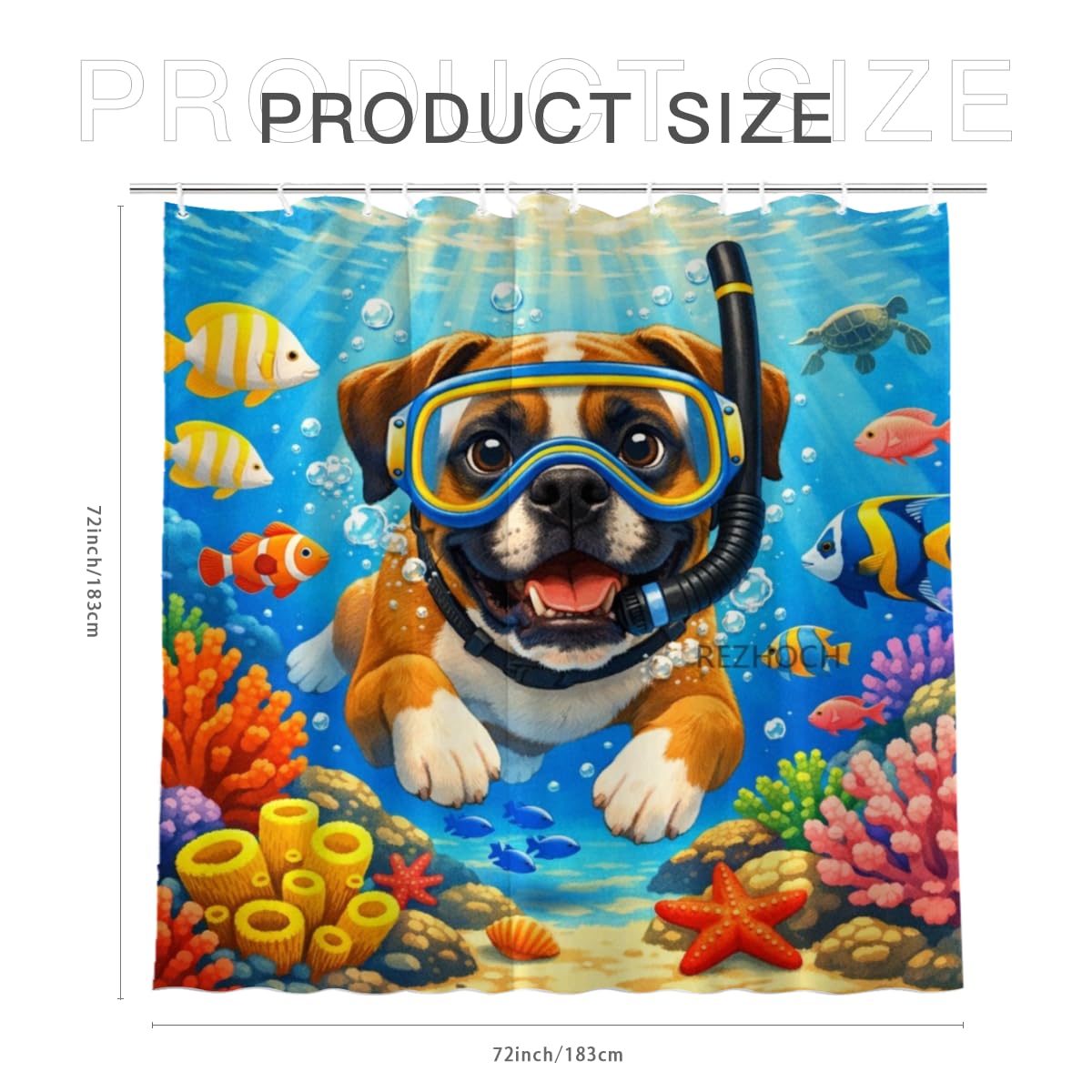 REZHOCH Kids Ocean Shower Curtain 72x72Inch Fun Boxer Snorkeling Underwater Tropical Fish Coral Reef Home Bathroom Decor,Boy Girl Cartoon Animal Coastal Bath Set with Hooks