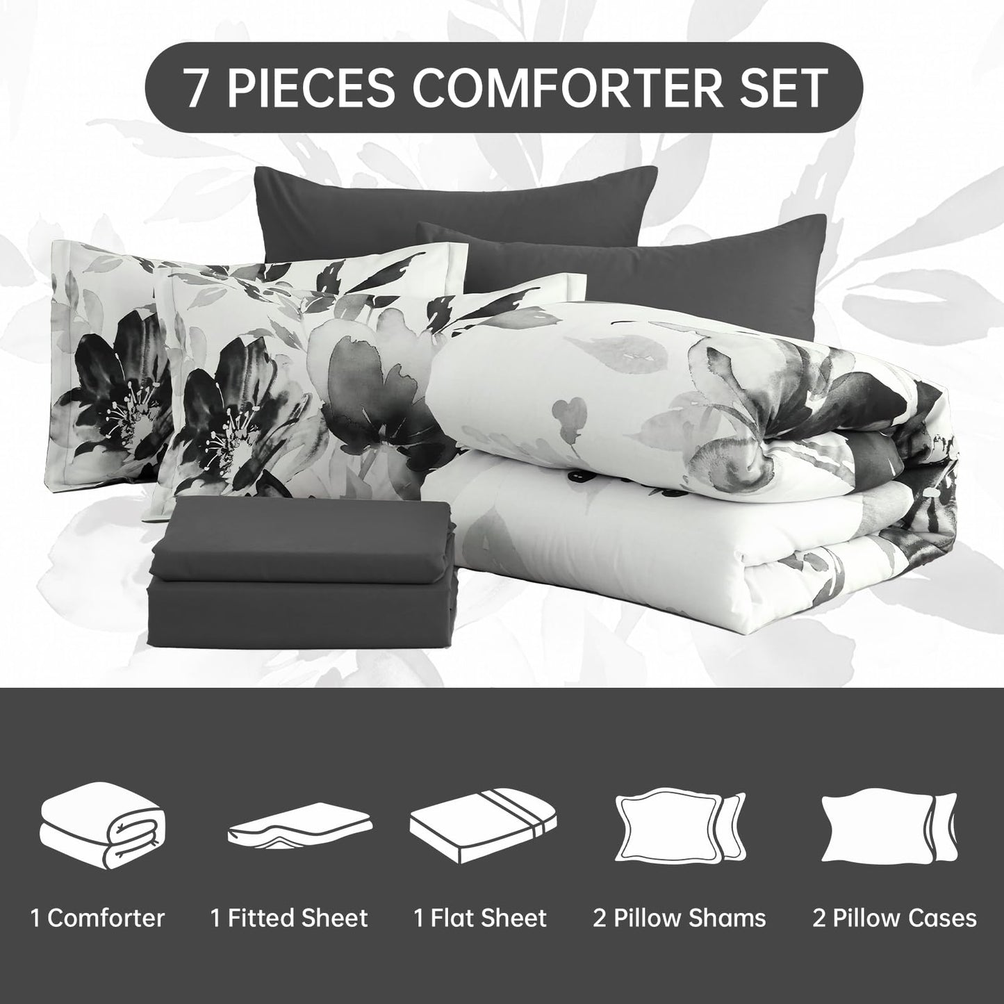 Luxudecor Floral Comforter Set King Size, 7 Piece Black Grey Flower Set Bed in a Bag,Soft Microfiber Farmhouse Shabby Chic Bedding Set for All Season(90"x104")
