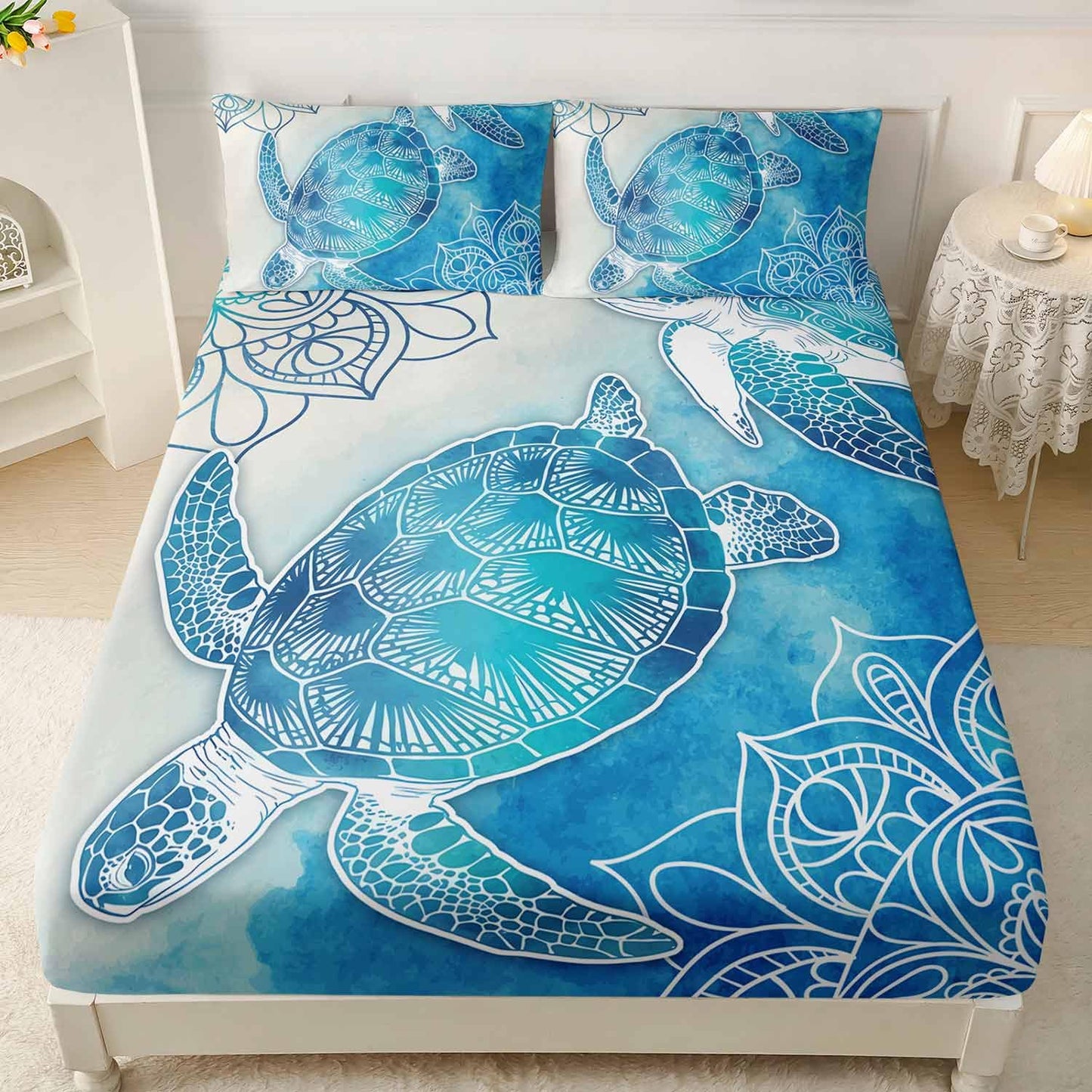 HOSIMA Sea Turtle Bedding Set,Coastal Beach Themed Bedroom Fitted Sheet Queen Size for Kids Teen Girls Boys Room Decor,1 Fitted Sheet+2 Pillowcases.