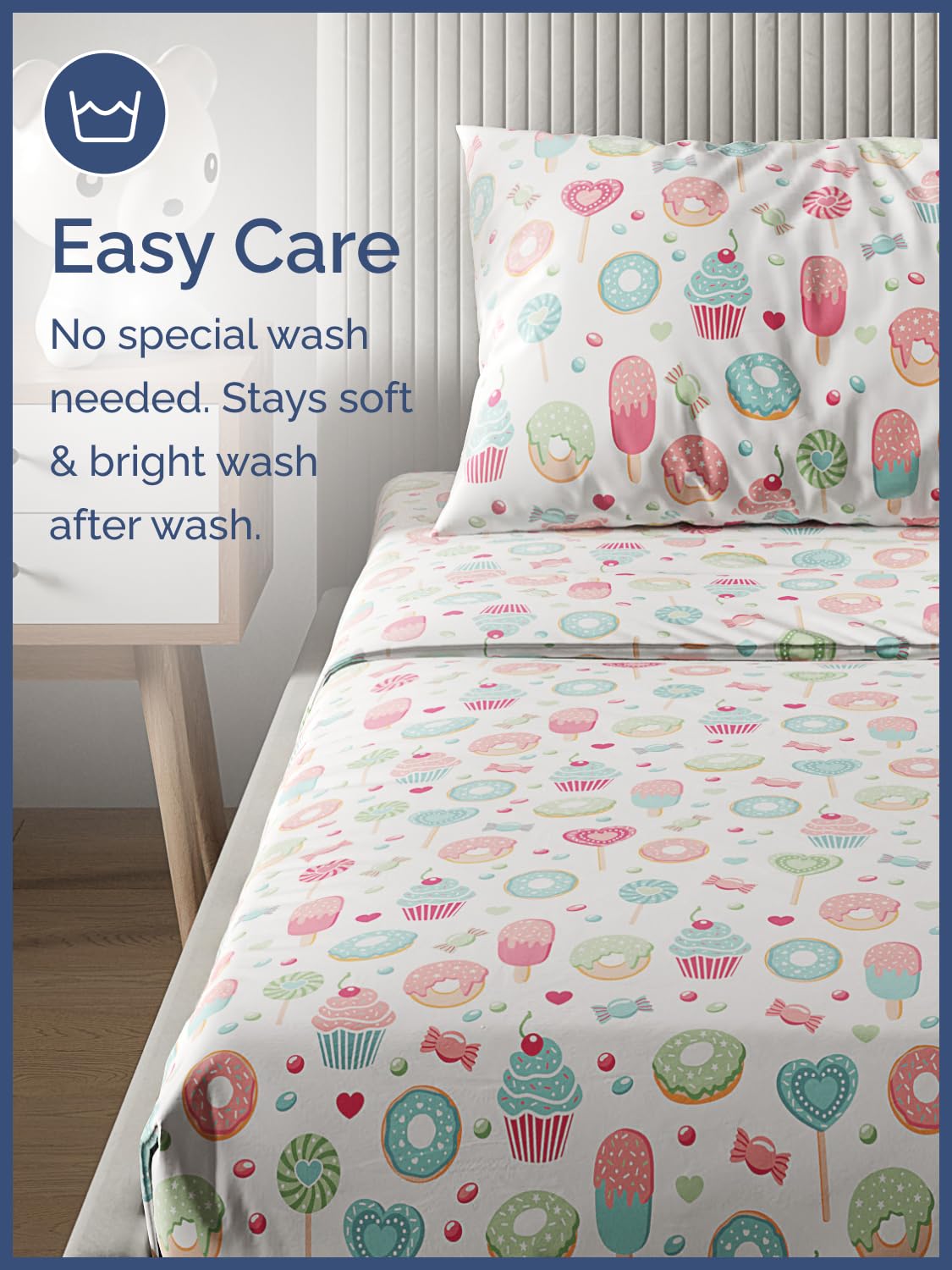 Kids Twin Size Bed Sheet Set - 3 Piece Kids Loft Bed Sheets - Sweets Cupcake Pattern Bedding - Soft, Cute and Cozy - Breathable & Machine Washable - Lollipop Bed Set for Boys, Girls, Teens & Toddlers