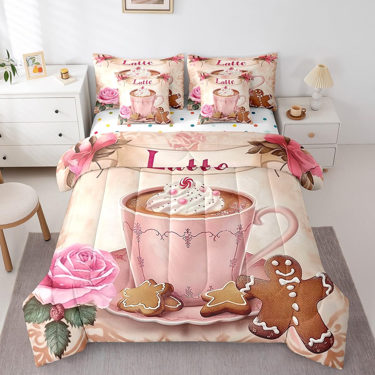 Erosebridal Girls Latte Bedding Set for Kids Teens,Pink Bowknot Roses Comforter Set Full Size,Delicious Dessert (Comforter+Fitted+Flat Sheet+2 Pillowcases+2 Throw Pillow Covers) 7 Pieces Bed Set