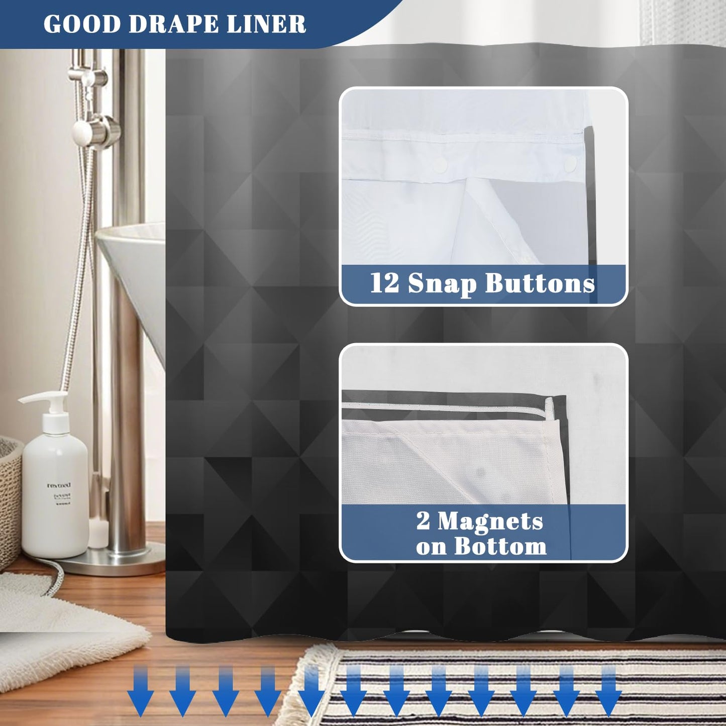 NAEMBCU No Hook Shower Curtain with Snap in Liner Set, Black Gray Ombre Geometric Print - Mesh Top Waterproof Double Layer Bath Tub Curtain for Modern Loft & Minimalist Bathroom Decor, 71W x 74H