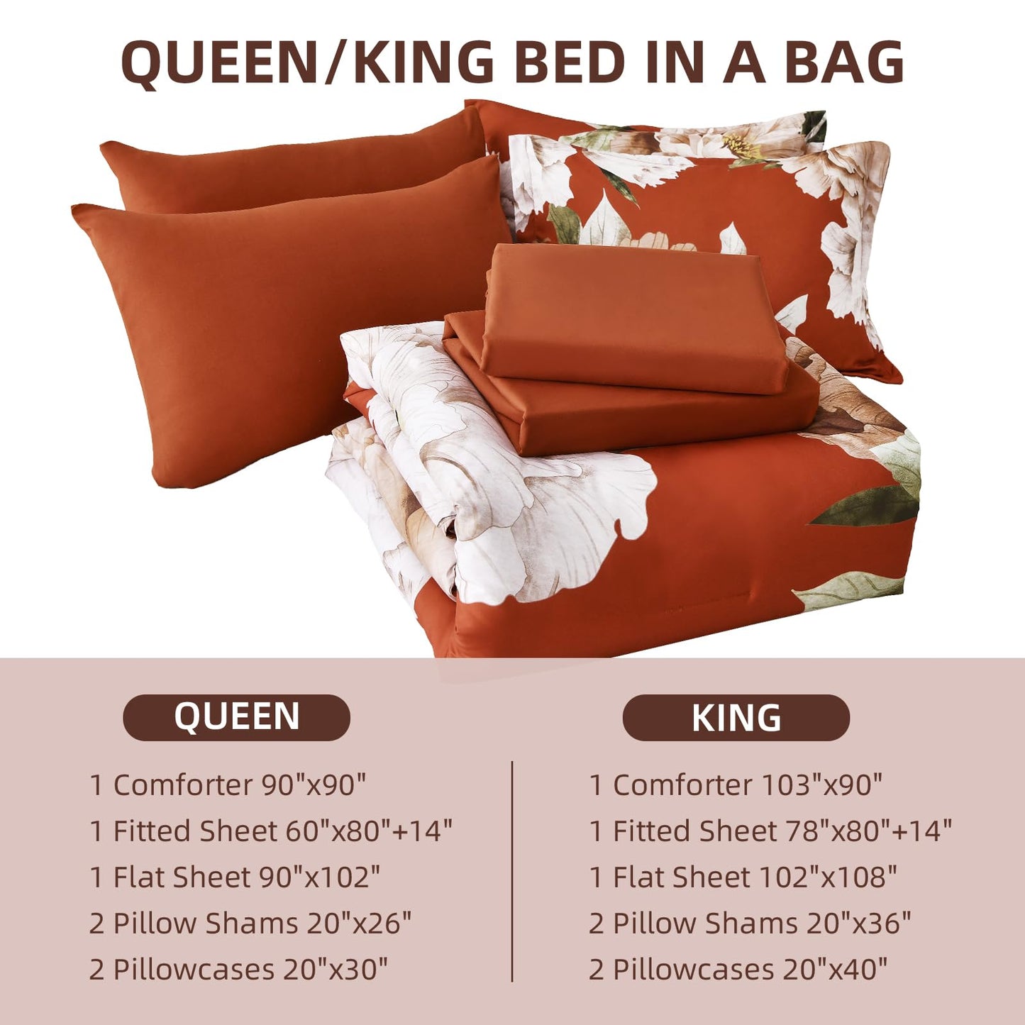 Dobuyly Burnt Orange Comforter Set Queen 7 Piece Bed in a Bag, Floral Printed on Terracotta Comforter Set with Sheets, Soft Microfiber Botanical Fall Bedding Set for All Season