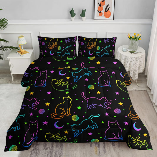 Black Cat Bedding Cartoon Cat Comforter Set Twin,Moon Stars Printed Kids Bedding Set for Boys Girls Adults Room Decor,Kids Comforter Set All Season,1 Quilt 2 Pillow Cases,Neon Color Blue Green