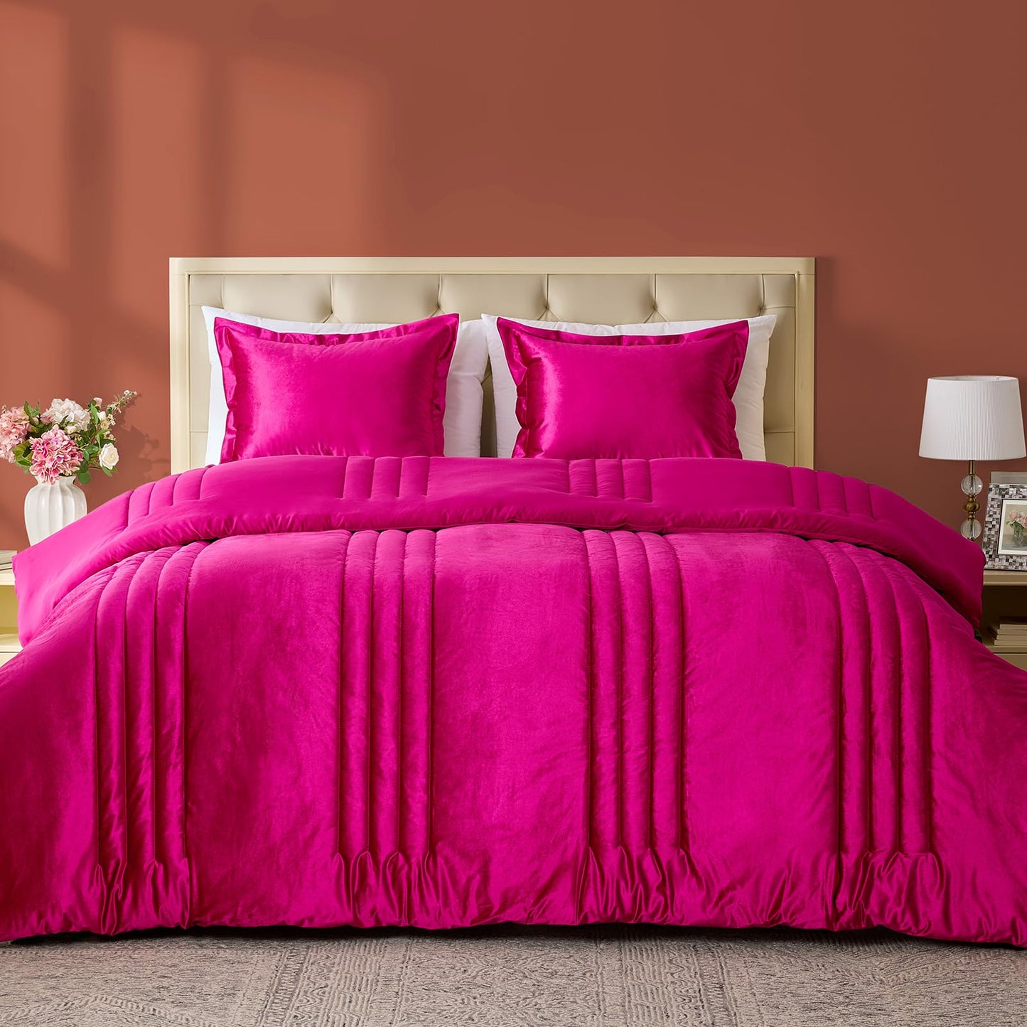 MUSSEL Hot Pink Queen Comforter Set 3 Pieces,Luxury Lightweight Fluffy All Season Cozy Velvet Bedding Comforter Sets,Neutral Striped Bedroom Comforter with 2 Shams