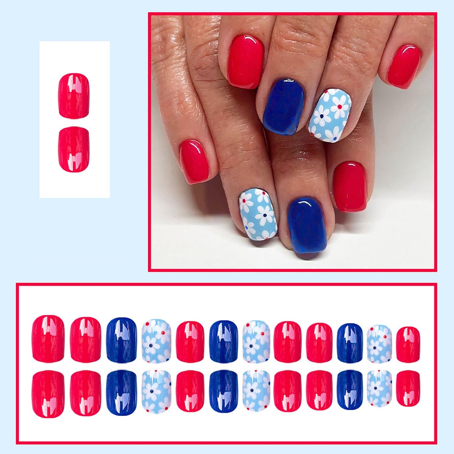 Flower Press On Nails Square Short Fake Nails Acrylic Nails Press Ons Blue Red False Nails With White Flowers Designs Full Cover Glue On Nails Glossy Spring Summer Stick On Nails For Women