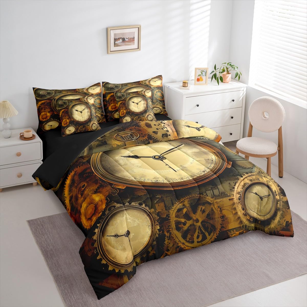 Erosebridal Ndustrial Gear 7 Pcs Bedding Set Queen Steampunk Style Comforter Set with Sheets Clocks Theme Bed in A Bag Mechanical Device Retro Brown Bedroom Decor