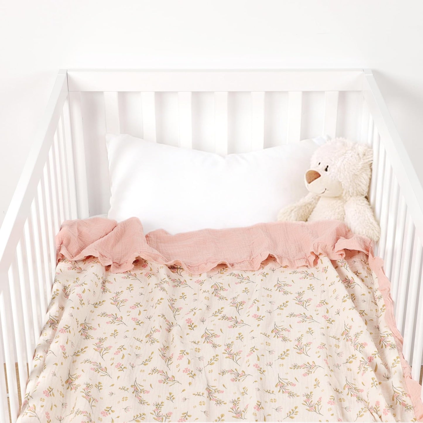 Organic Baby Blanket Flounce Edge Large 50"x43" Floral, 100% Muslin Cotton Super Soft Breathable Toddler Quilt Crib Blankets Gender Neutral for Baby Boys and Girls Bassinet, Bed, Stroller & Snuggling