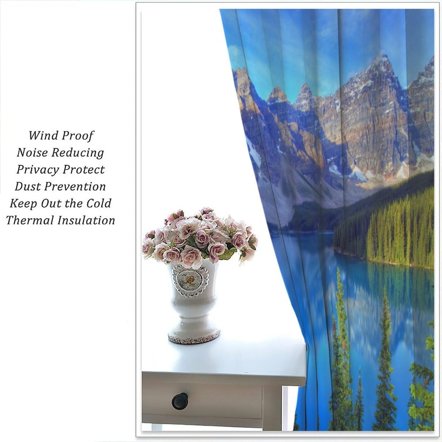 AAVEUP Nature Landscape Curtains for Kitchen,Forest Tree River Mountain Scenery Scene Design Print Window Drapes for Boys Girls Bedroom Living Room 42x45in