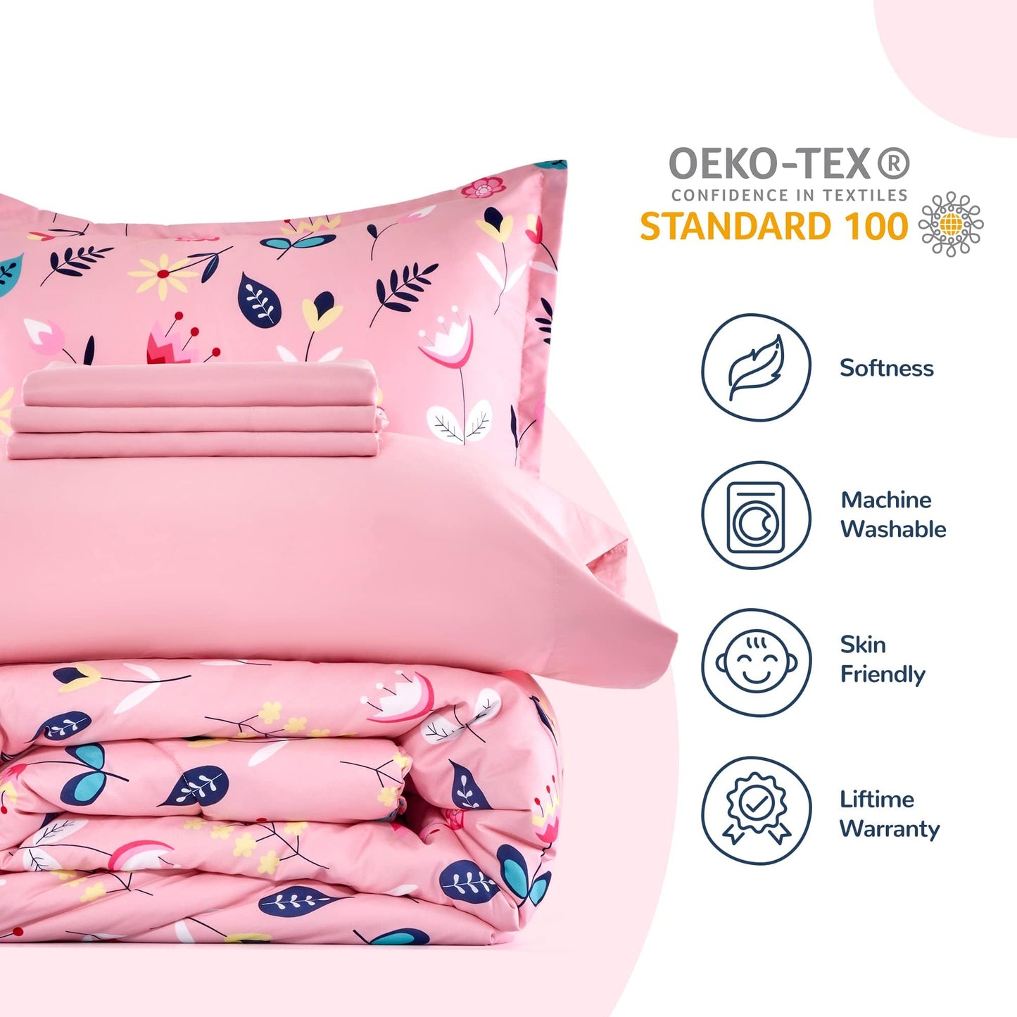 SLEEP ZONE Kids Twin Bedding Comforter Set - Super Cute & Soft Kids Bedding 5 Pieces Set with Comforter, Sheet, Pillowcase & Sham (Pink Flower)