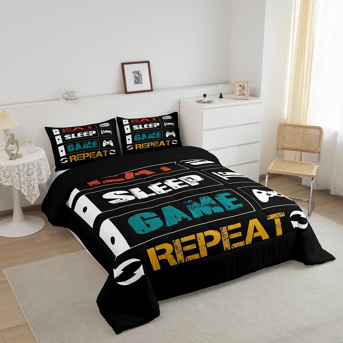Boys Gaming Comforter Sets for Kids Twin Size Gamer Bedding Set Teens Video Games Comforter Duvet Room Decor Funny Creative Eat Sleep Game Repeat Design Reversible Inner Fill Quilt Set All Season