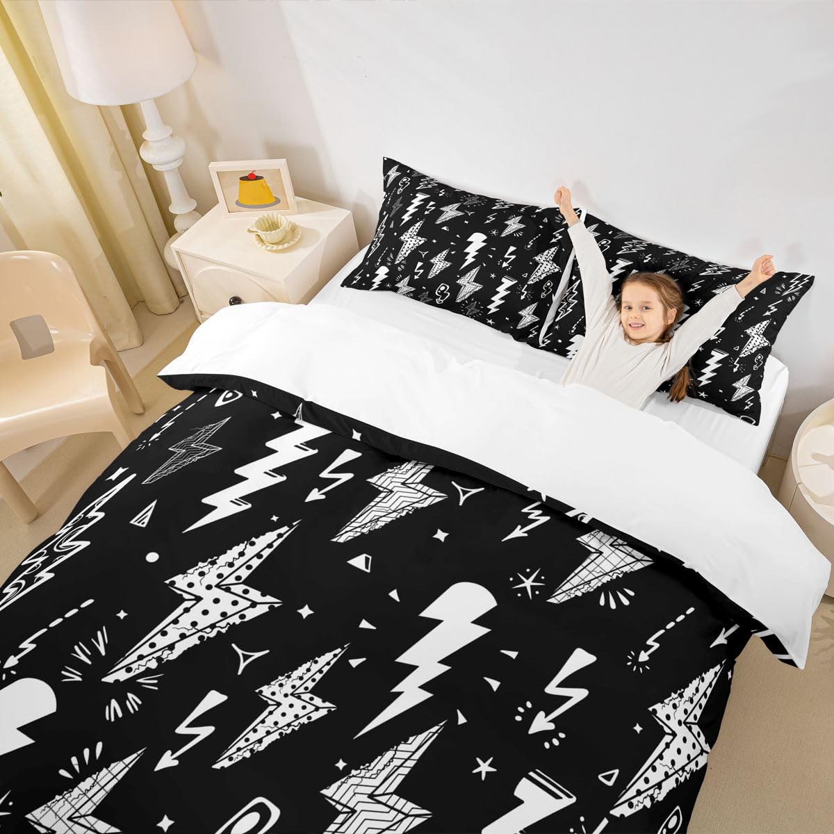 Homewish Lightning Duvet Cover Set Hand Drawn Doodle Lightning Bolt Bedding Set 3pcs for Kids Boys Thunderbolts Comforter Cover Microfiber Bedspread Cover with 2 Pillow Cases(No Comforter) King Size