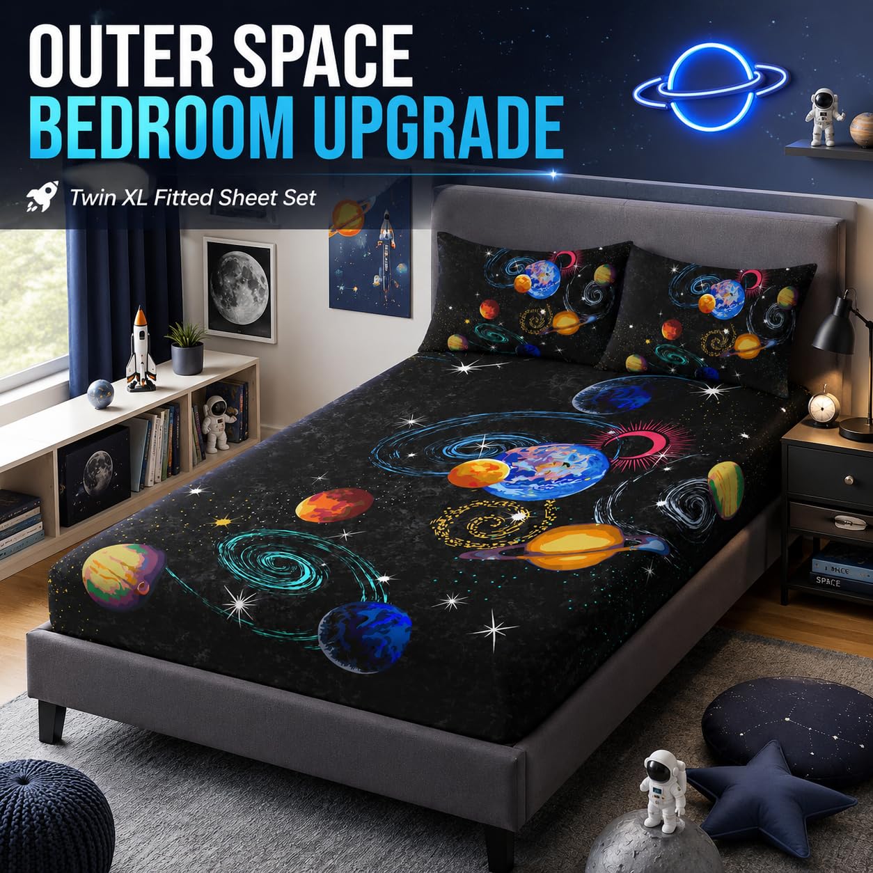 AILONEN Outer Space Twin XL Size Fitted Sheet 3 Pieces Set, Galaxy Starry Sheet for Kids Boys - Eight Planet Theme Soft Breathable Bed Sheet, 1 Fitted Sheet and 2 Pillowcases