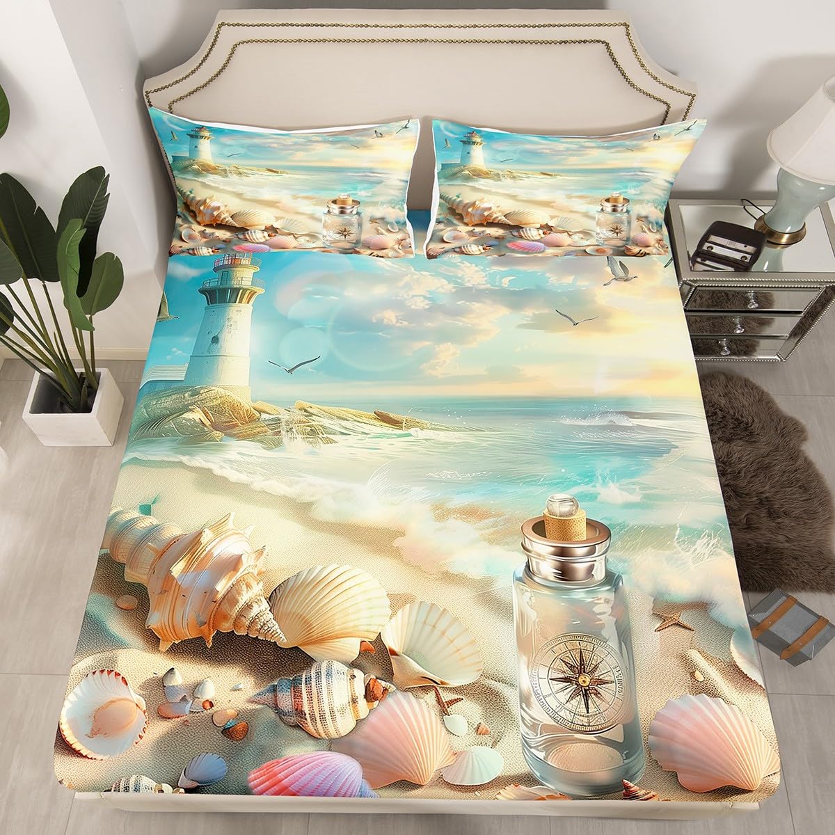 jejeloiu Beach Theme Fitted Sheet Full Size Kids Summer Ocean Wave Lighthouse Bed Sheets Set for Boys Girls Teens Sea Marine Coastal Starfish Seashell Conch Bedding Set Room Decor