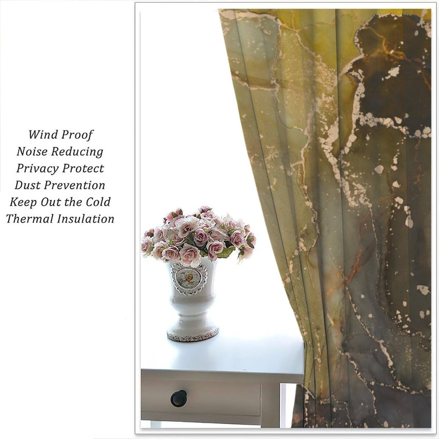 Ink Marble Kitchen Curtains Aesthetics Abstract Golden Foil Inked Textured Moss Green and Charcoal Grey Modern Rod Pocket Window Treatments for Bedroom Living Room 2 Panels Set 41" x 45"（No Blackout）