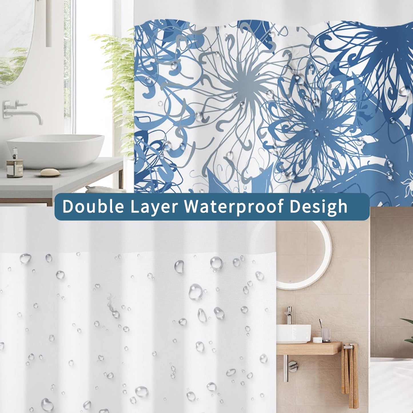 No Hook Shower Curtain with Snap in Liner Set, Boho Modern Blue Abstract Floral Pattern Decorative Waterproof Fabric Shower Curtain for College Dorm Hotel Apartment Bathroom Bathtub, 71x74 Inch