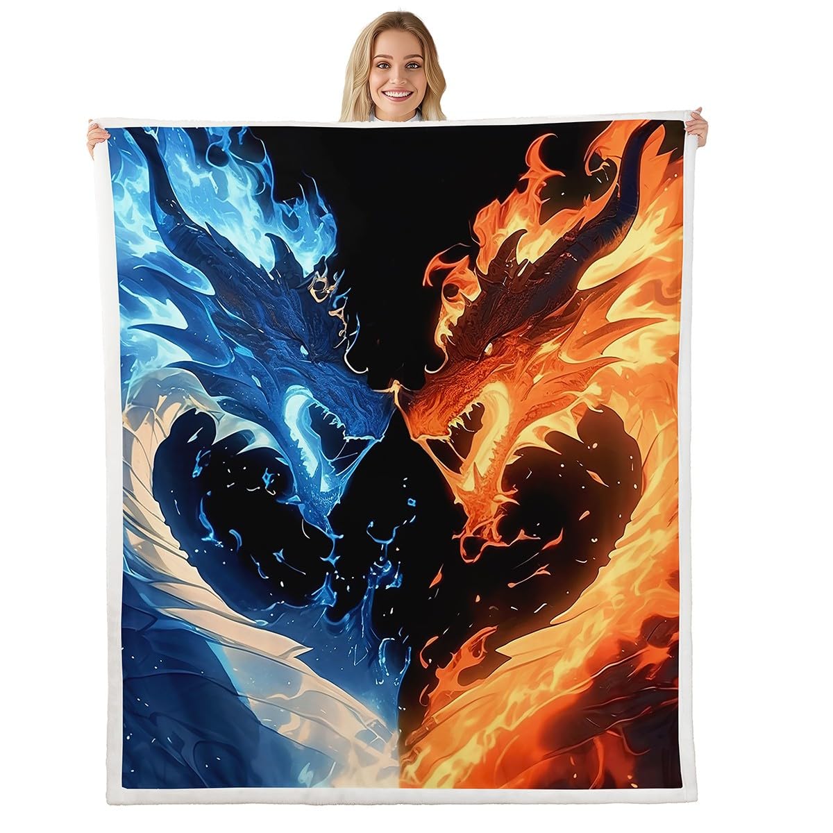 Erosebridal Dragon Fleece Blanket Twin Size for Boys,Wildlife Animals Sherpa Blanket Western Magical Wildlife Fuzzy Plush Throw for Kids Adult,Blue Gold Decor for Sofa Couch