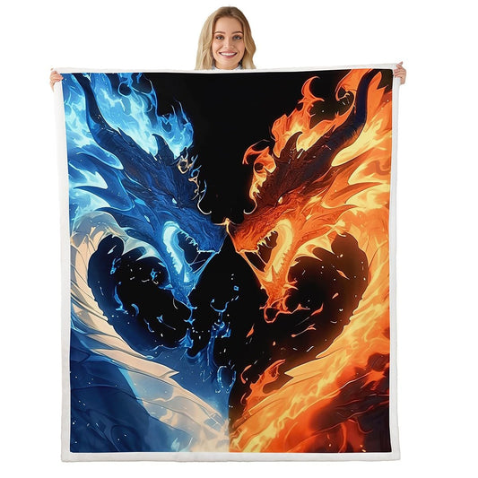 Erosebridal Dragon Fleece Blanket Twin Size for Boys,Wildlife Animals Sherpa Blanket Western Magical Wildlife Fuzzy Plush Throw for Kids Adult,Blue Gold Decor for Sofa Couch
