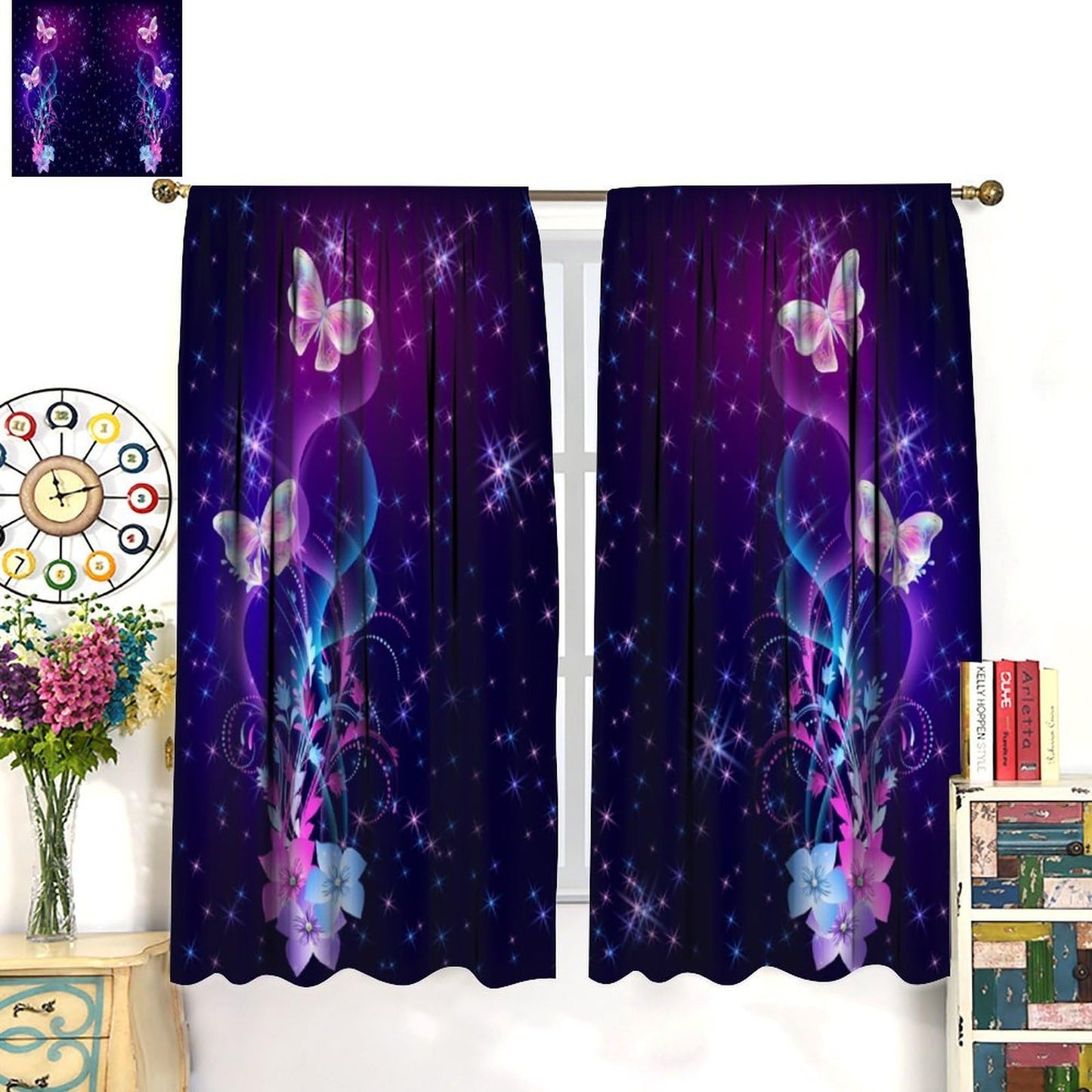 XBDDZSW Dream Butterfly Curtain,Abstract Purple Watercolour Hand Drawn Butterfly Pattern Print Window Drapes for Kids Girl Bedroom Living Room Kitchen Decor,2 Panel Set,42x45 Inch Decor