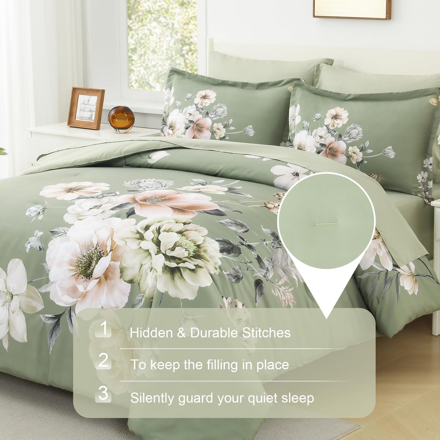 Floral Comforters Queen Size 7 Pieces Botanical Green Flower Bed in a Bag Ulter Soft Microfiber Bedding Set, Lightweight Bed Comforter Set with Sheets for All Season (Green, Queen)