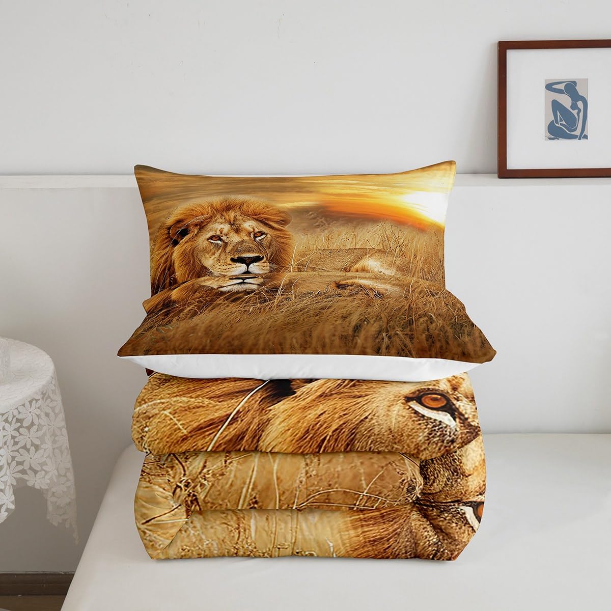 Lion Comforter Set Queen Size,3D Print Wild Animals Bedding Set for Teens Adult Men Room Decor,Natural Sunset View Quilt Set Rustic Prairie Duvet Insert 3pcs with 2 Pillowcases