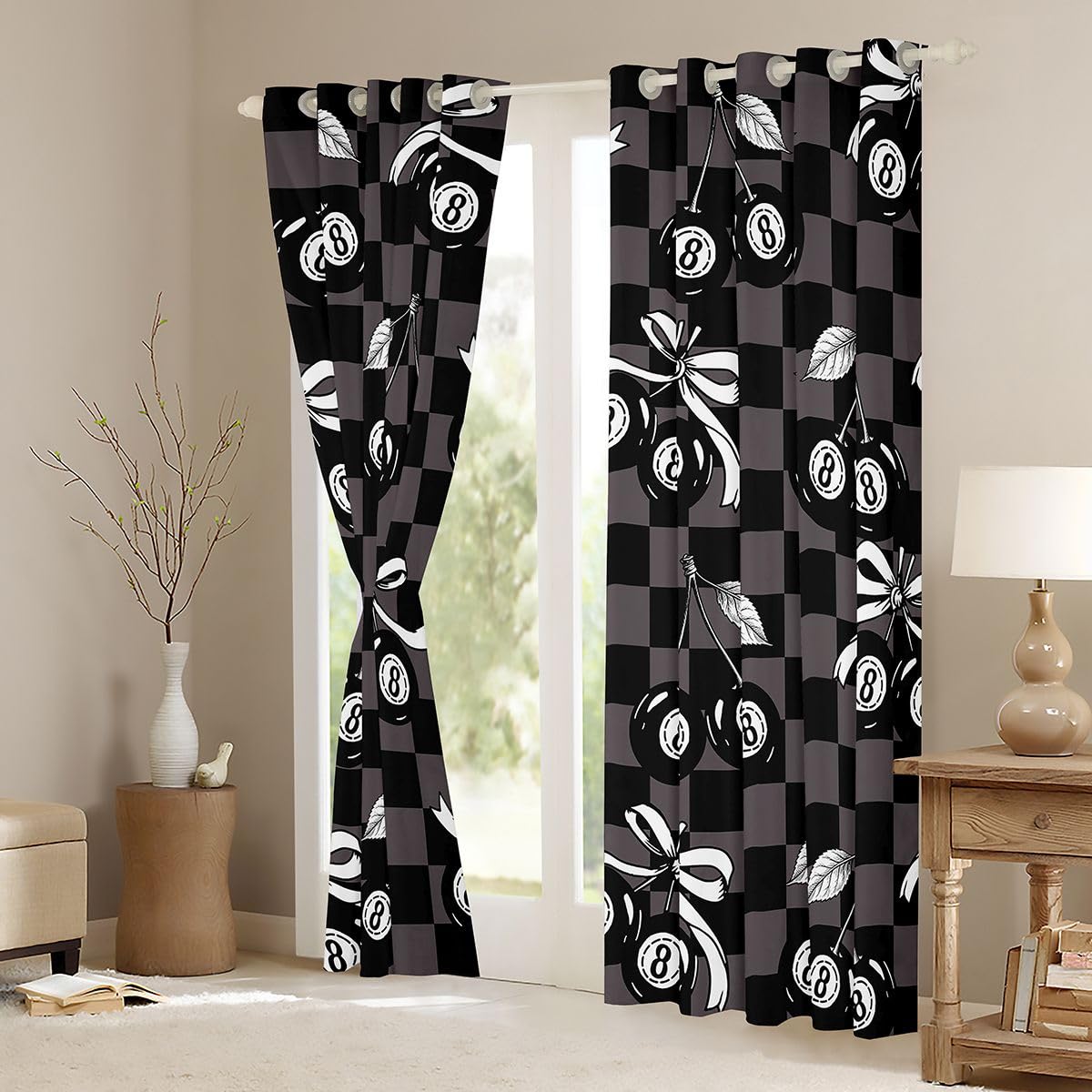 Erosebridal Y2K Lucky 8 Ball Window Drapes Coquette Cherry Bow Blackout Curtains 42" Wx63 L Black Brown Checkered Plaid Curtains for Bedroom,Fashion Aesthetic Preppy Window Treatments 2 Panels