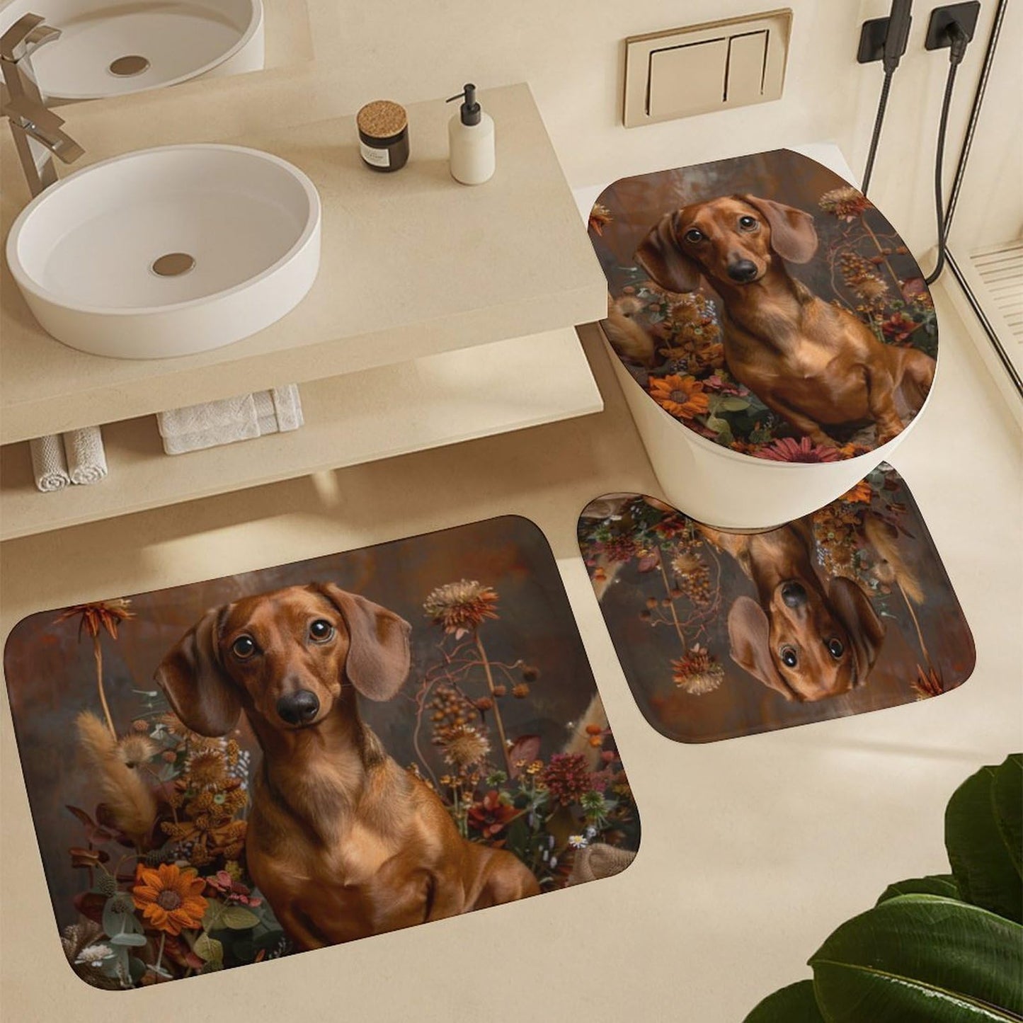 TOWINSFB 4Pcs Cute Dachshund Sunflower Shower Curtain Set with Toilet Lid Cover Non-Slip Rugs for Bathroom, Playful Dog Retro Floral Daisy Shower Curtain Bathroom Sets with Hooks, 72x72 Inch