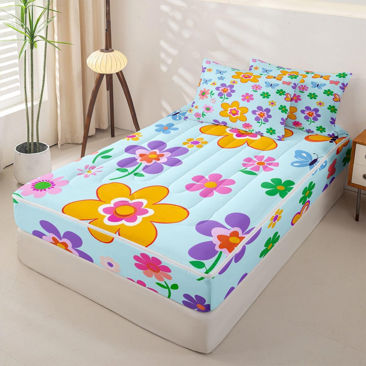 Feelyou Cartoon Cute Flower Zipper Bedding Queen Botanical Floral Bedding Sets for Kids Boys Girls Blue Aesthetic Flower Comforter Set with Fitted Sheet 2 Pillowcases One Zipper Bed Set