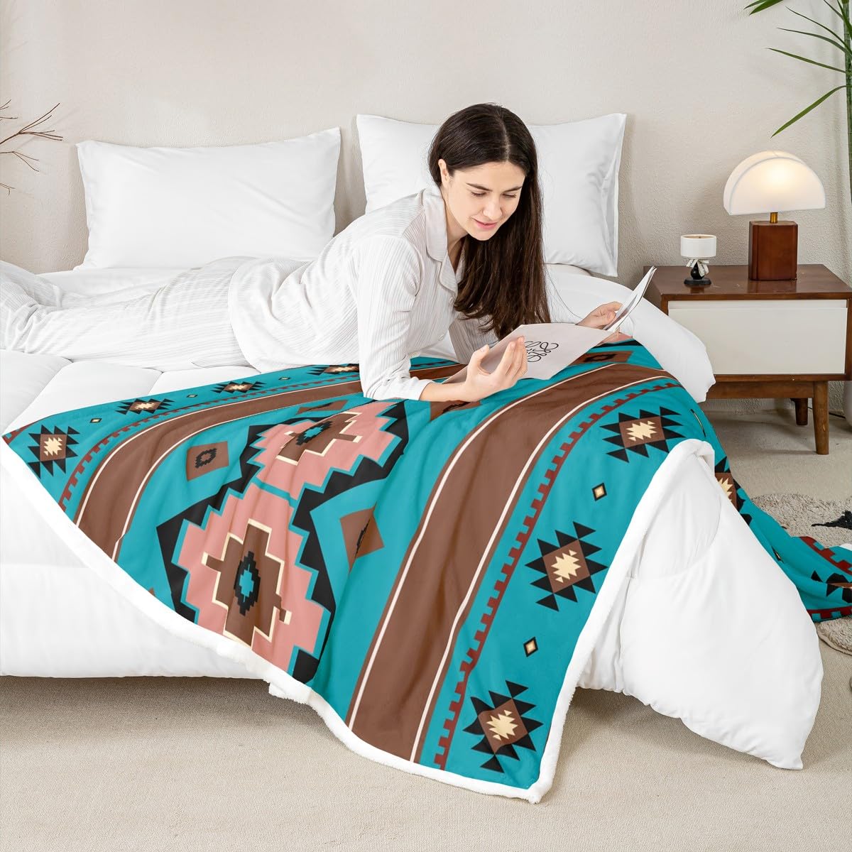 Feelyou Boho Aztec Throw Blanket West Soft Fleece Sherpa Cozy Fuzzy Plush Warm Teel Brown Fuzzy Plush Throw Western 40"x50" for Bed Couch Living Room