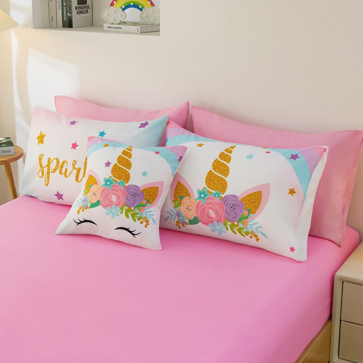 Keyroal 8Pcs Full Comforter Set with Sheet,Unicorn Flower Bedding Set for Kids,Pink Rainbow Bed in a Bag Bedding for Girls-Sparkle Unicorn