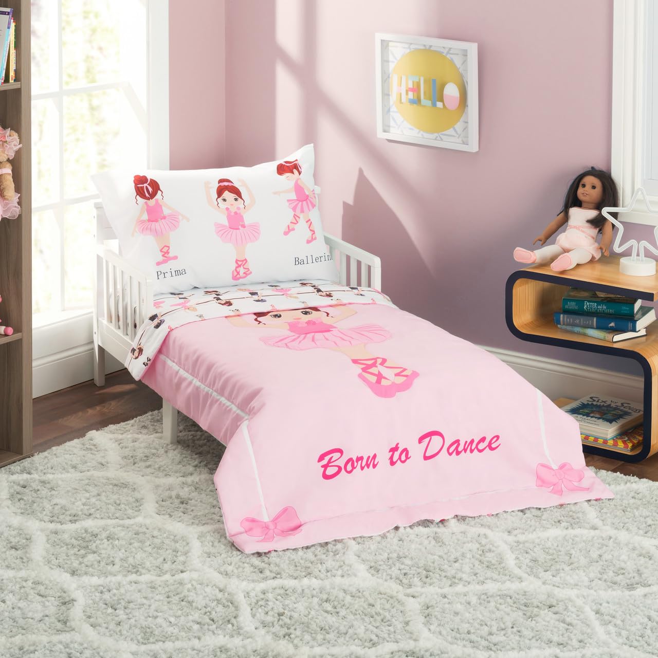 EVERYDAY KIDS 4 Piece Toddler Bedding Set -Born to Dance Ballerina- Includes Comforter, Flat Sheet, Fitted Sheet and Reversible Pillowcase