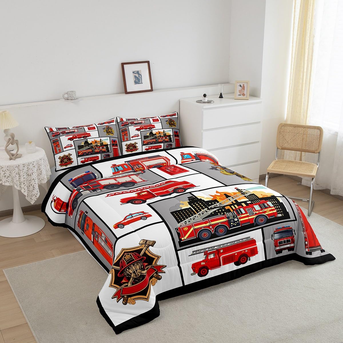 Homewish Boys Fire Truck Twin Size Comforter Set,Kids Firemen Decor All Season Bedding Set,Teens Fire Fighting Truck Comforter,Children Car Vehicle Print Decor Quilt Set Bedroom Collection 2Pcs