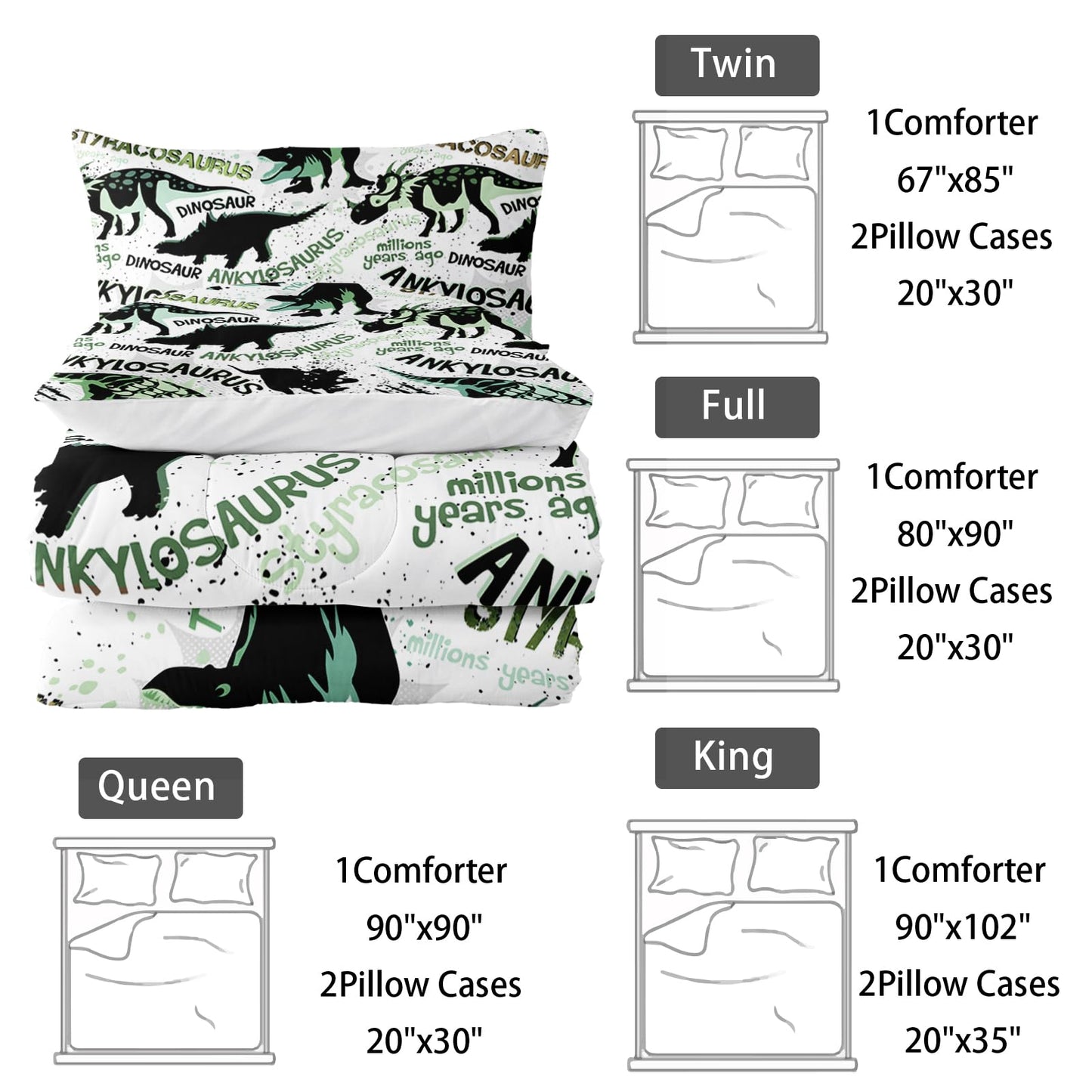 Nttopship Cartoon Dinosaur Comforter Sets 3 Pieces, Cute Animal Printed Bedding Sets for Boys Kids Adults Room Decor Comforter and 2 Pillowcases(Dinosaur Twin)