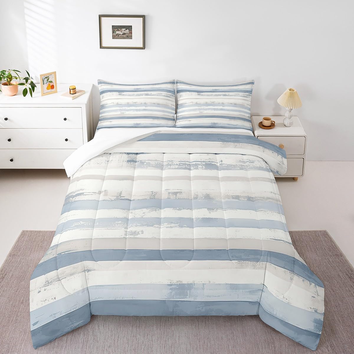 jejeloiu Abstract Blue Comforter Set Twin Size Modern White Grey Striped Bedding Set for Kids Boys Girls Decor Geometric Simple Neutral Duvet Quilt Soft Microfiber Bedroom Decor,with 1 Pillow Case