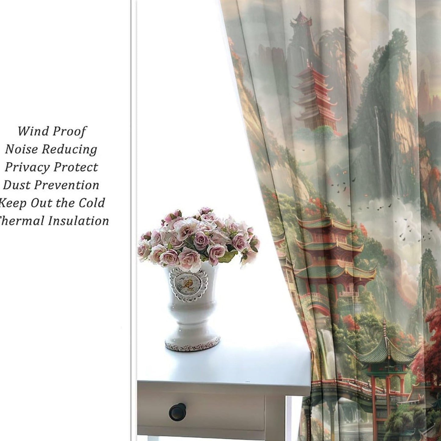 HDESDIS Fantasy Chinese Building Grommet Blackout Curtains for Bedroom, Mountain Waterfall Lake Forest Thermal Insulated Curtains Room Darkening Window Drapes, 21W x 45L, 2 Panels