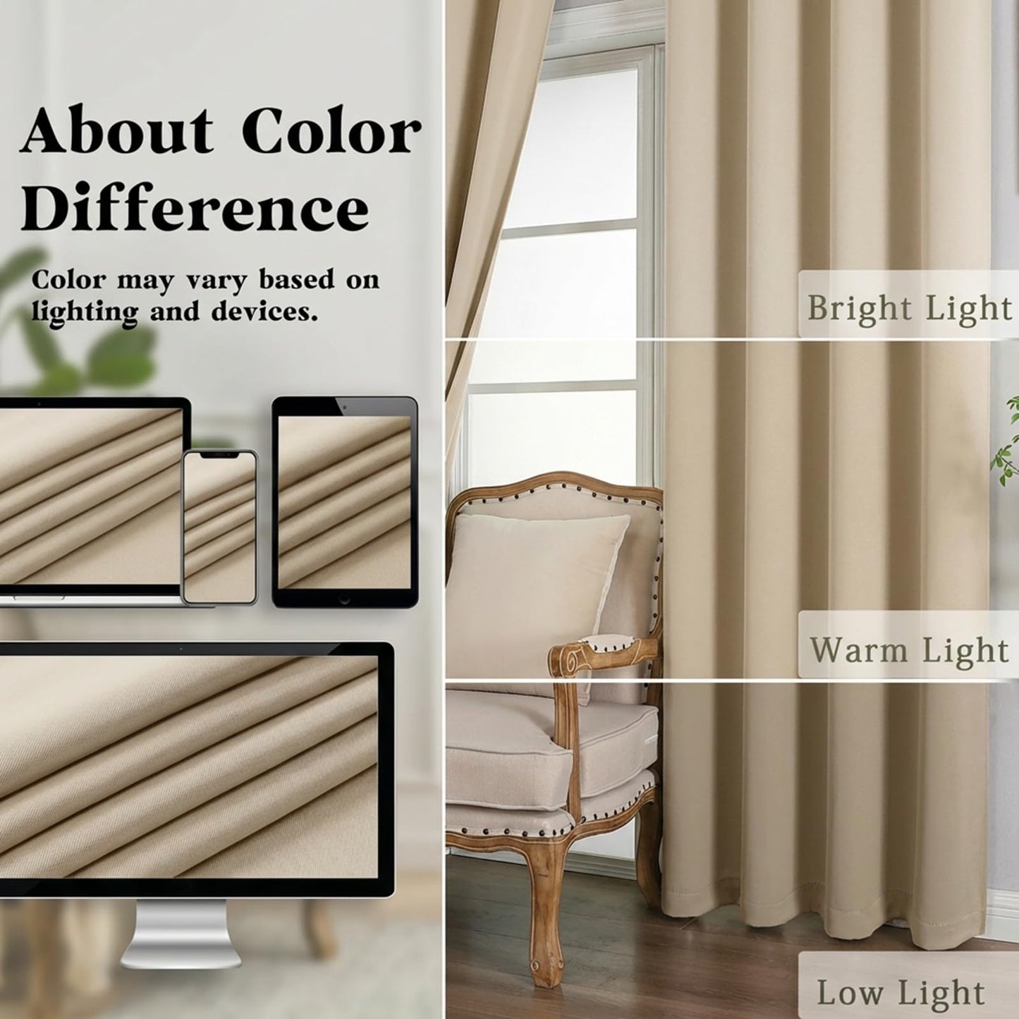 Simplebrand Biscotti Beige Room Darkening Curtains for Bedroom 63 Inch Length 2 Panels Set, Thermal Insulated Energy Saving Curtains for Kids Room, Solid Nursery Window Treatment Drapes, W40 x L63