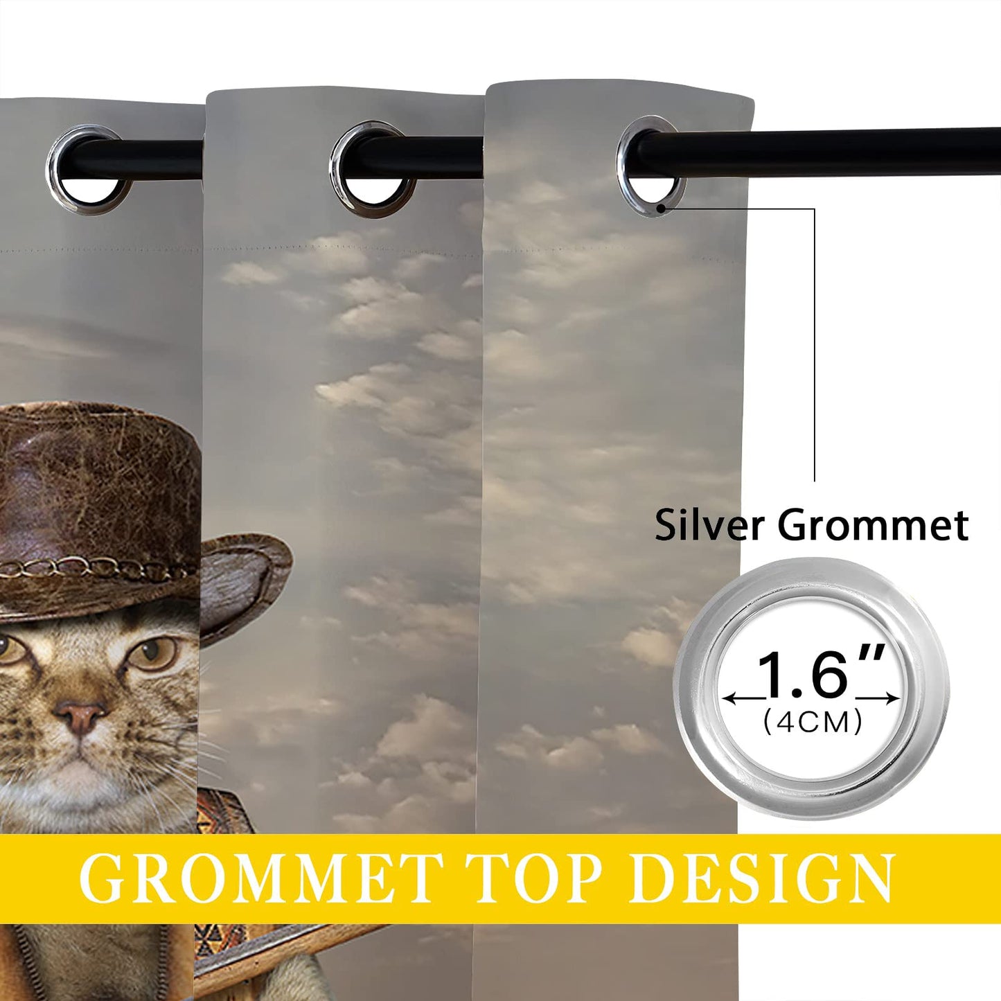 ONINUO Funny Cat Blackout Curtains for Girls Boy Home Decor, Cool Cowboy Cat Dog Cattle Animal Grommet Thermal Insulated Drapes Darkening Window Curtain for Bedroom Living Room, 42 x 45 Inch