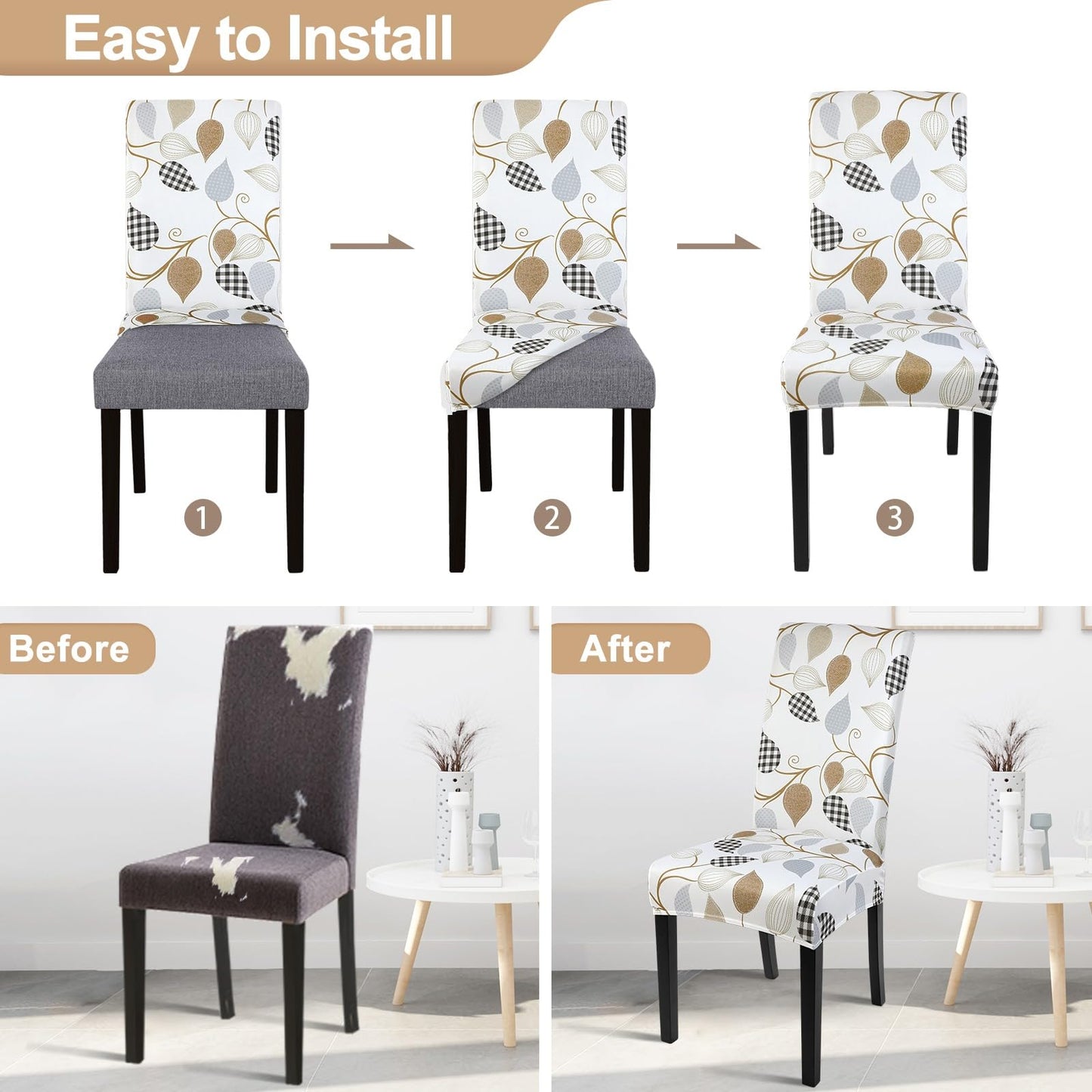 SearchI Dining Room Chair Covers Set of 4, Stretch Printed Floral Parsons Chair Slipcovers Removable Washable Kitchen Chair Protector Cover for Dining Room, Hotel, Ceremony (Checked Leaf Pattern)