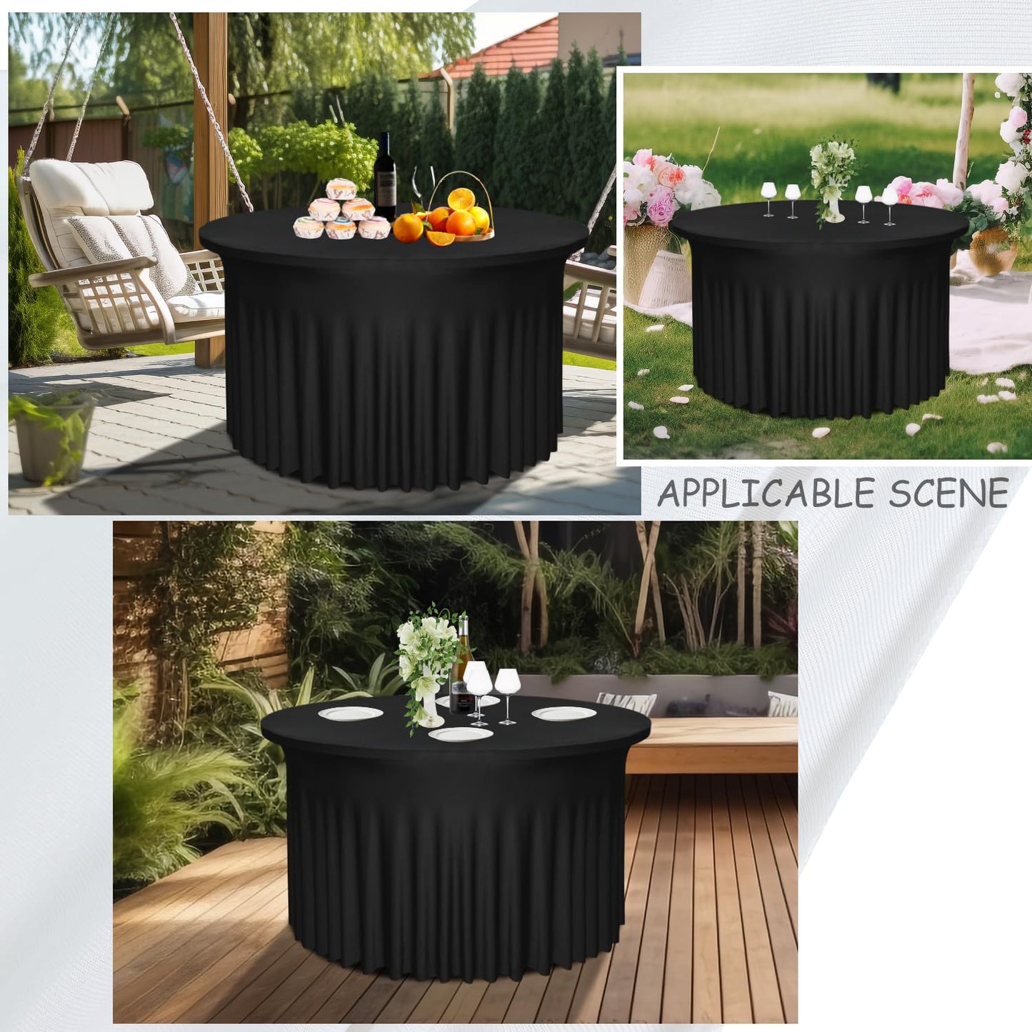Yoquare 2 Pack 48" Diameter x 30" Height Black Table Skirt | Fits 4FT Round Tables |Polyester Spandex Round Table Cloths with Skirt|Stain 、Wrinkle Resistant、 for Wedding,Party,Dining,Banquet