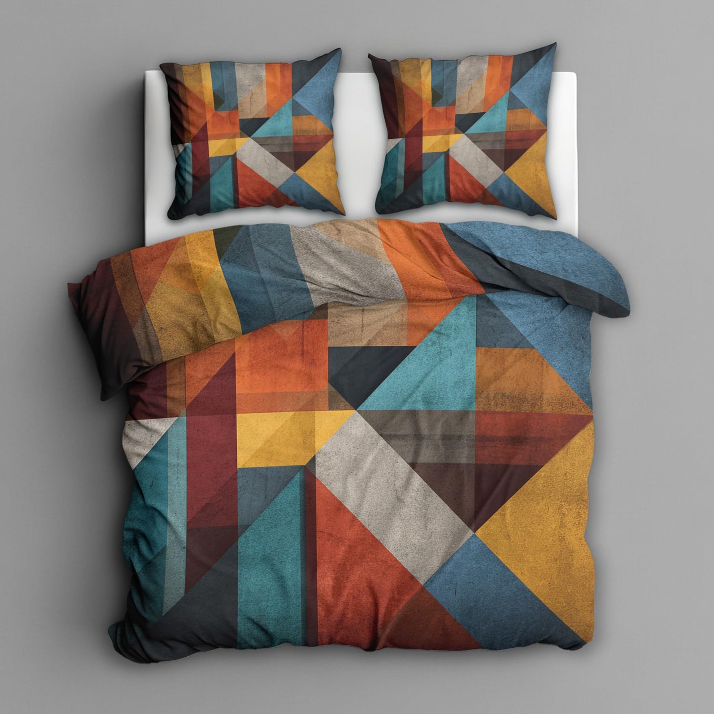Patchwork Geometric Queen Duvet Cover Set 3 Piece, Retro Abstract Art Reversible Bedding with 2 Pillow Shams, Zipper & Ties, Ultra Soft Microfiber, Geometric Bedroom Decorations 60A-T