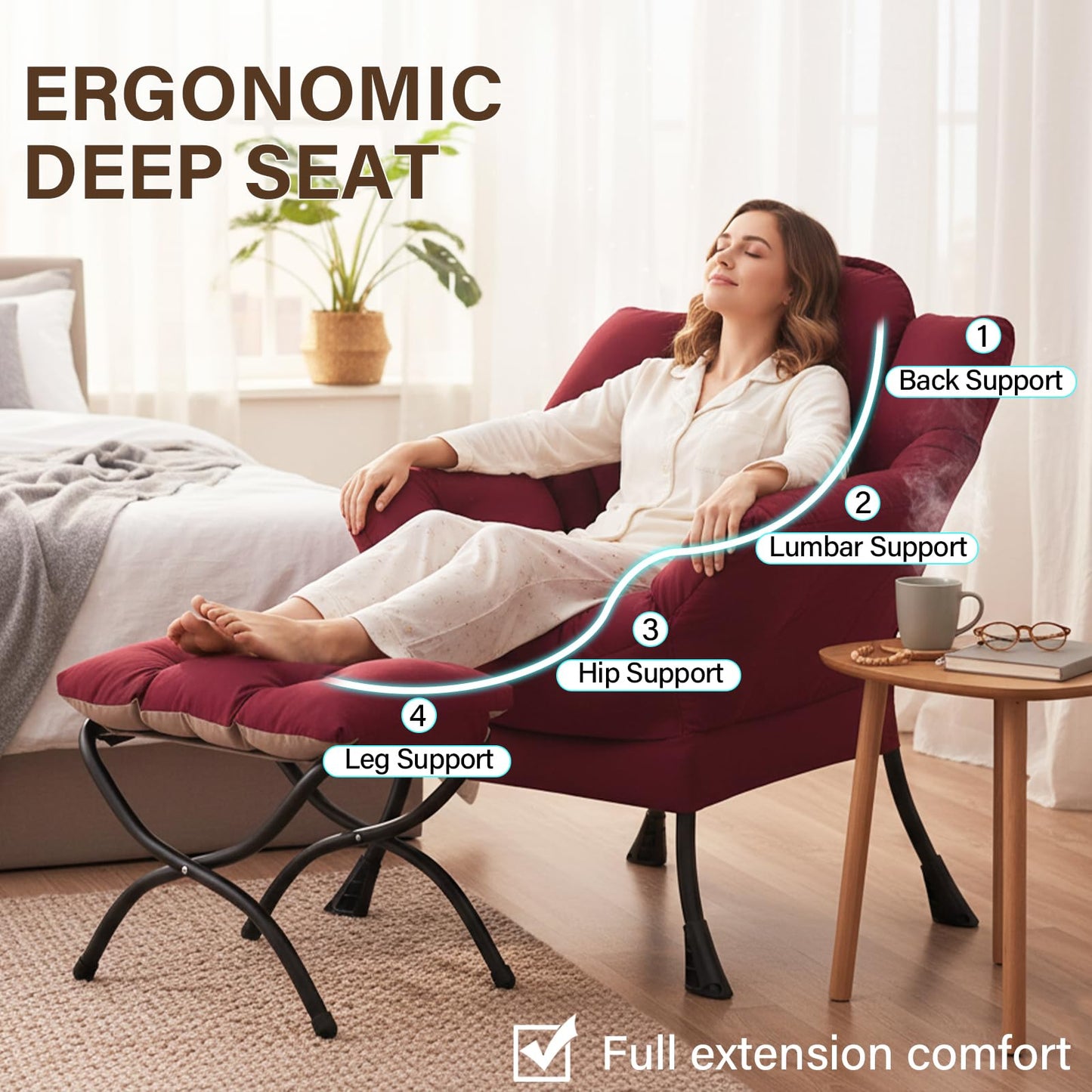 Welnow Lazy Chair with Ottoman, Modern Accent Chair with Armrests and a Side Pocket, Leisure Sofa Armchair, Reading Armchair with Footrest for Small Space, Burgundy