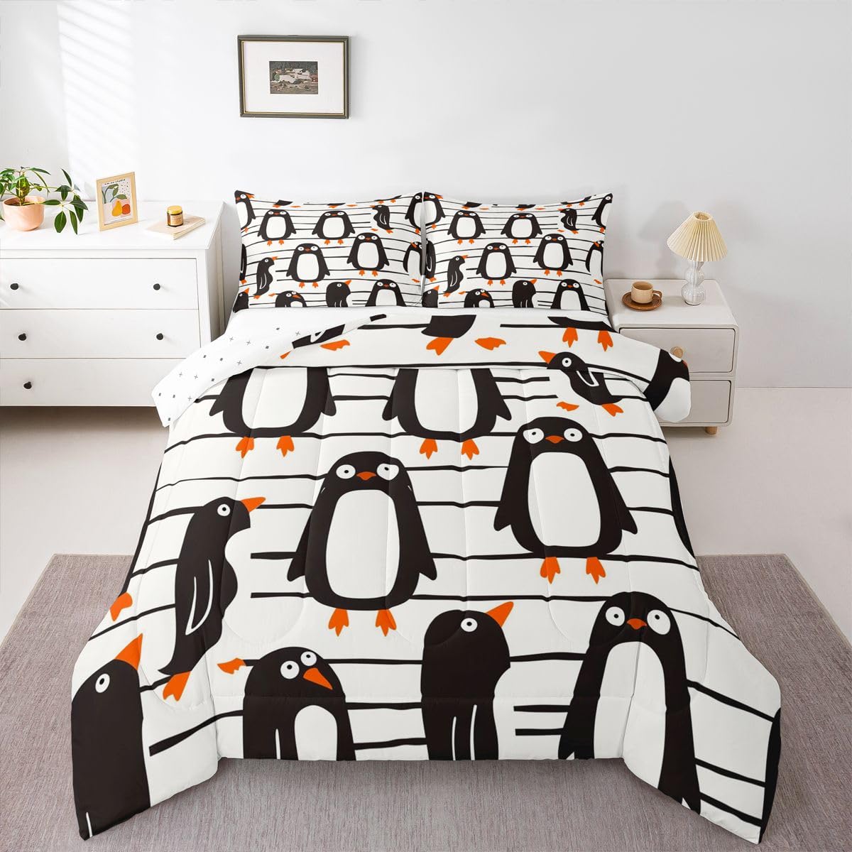 Erosebridal Funny Penguins Comforter Set Queen Black White Penguin Bedding Set Antarctic Animal Theme Comforter for Kids Boys Girls,Lovely Wildlife Pattern Quilt Duvet