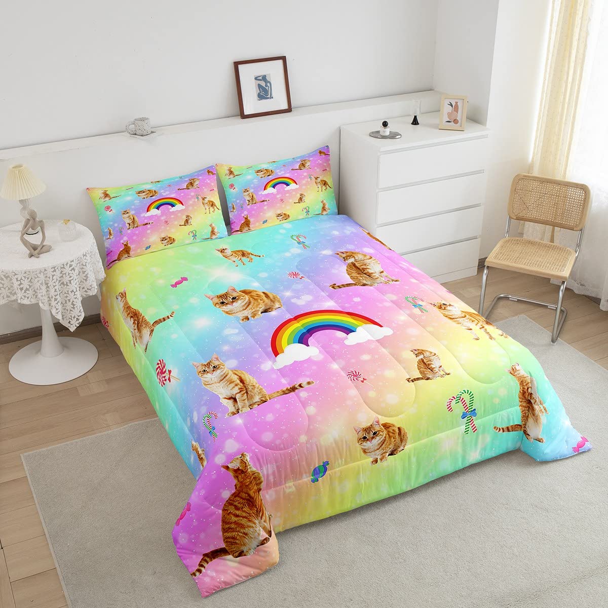 Erosebridal Cat Comforter Set, Starry Sky Bedding Set Twin for Girls Kids Boys Bedroom Decor, Rainbow Galaxy Down Comforter, Soft Breathable Microfiber Quilted Comforter with 1 Matching Pillowcase