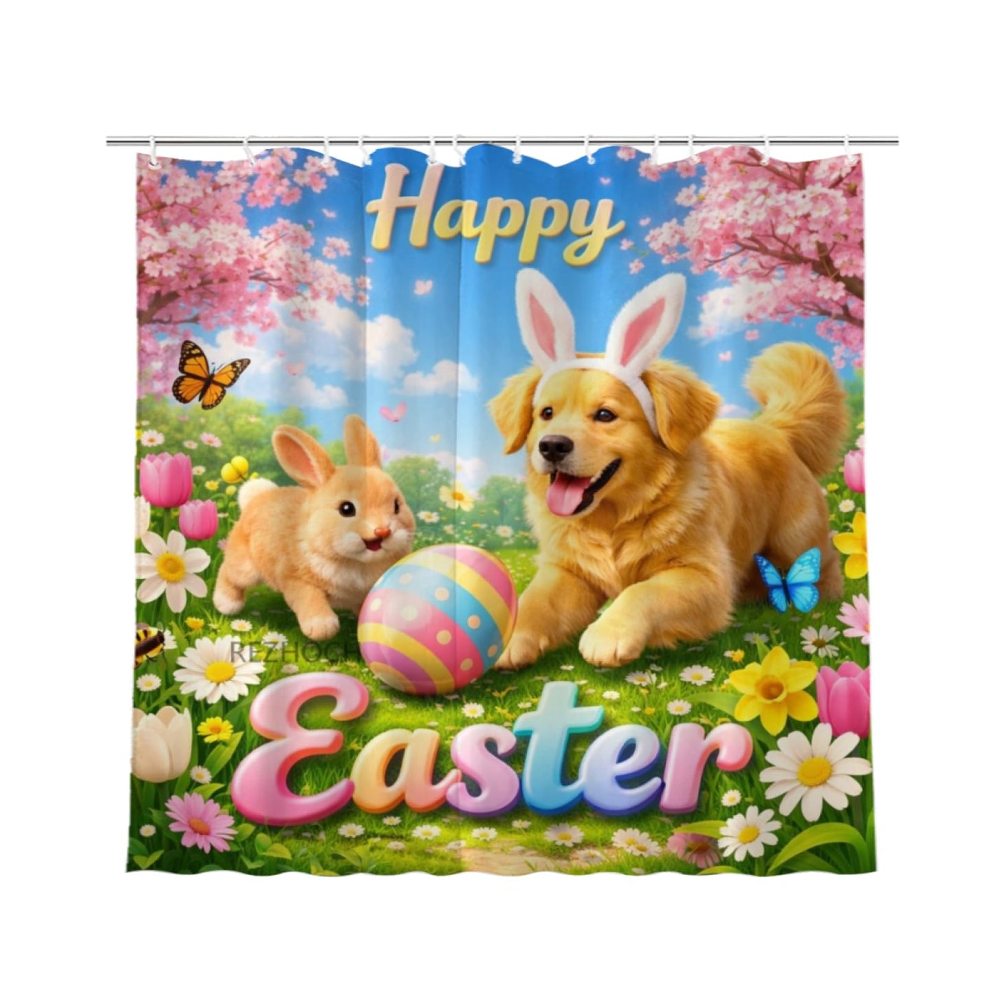 REZHOCH Easter Funny Golden Retriever Shower Curtain 72x72 Inch,Spring Garden Home Bathroom Decor,Cute Bunny Easter Eggs Floral Farmhouse Waterproof Fabric Holiday Bath Set with Hooks