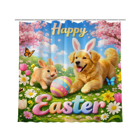 REZHOCH Easter Funny Golden Retriever Shower Curtain 72x72 Inch,Spring Garden Home Bathroom Decor,Cute Bunny Easter Eggs Floral Farmhouse Waterproof Fabric Holiday Bath Set with Hooks