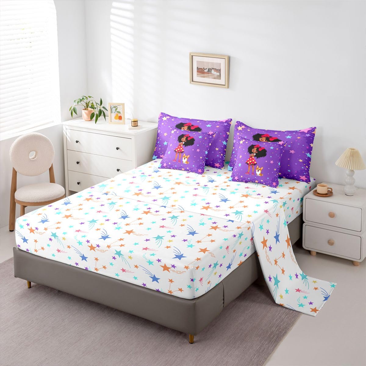 Erosebridal Cartoon Black Girls Queen Bedding Set Coloful Stars Print Comforter Set with Flat and Fitted Sheet Kids Teen Cute Polka Dots 7-Piece Bed in a Bag Kawaii Bow Girl Dog Quilt Sets