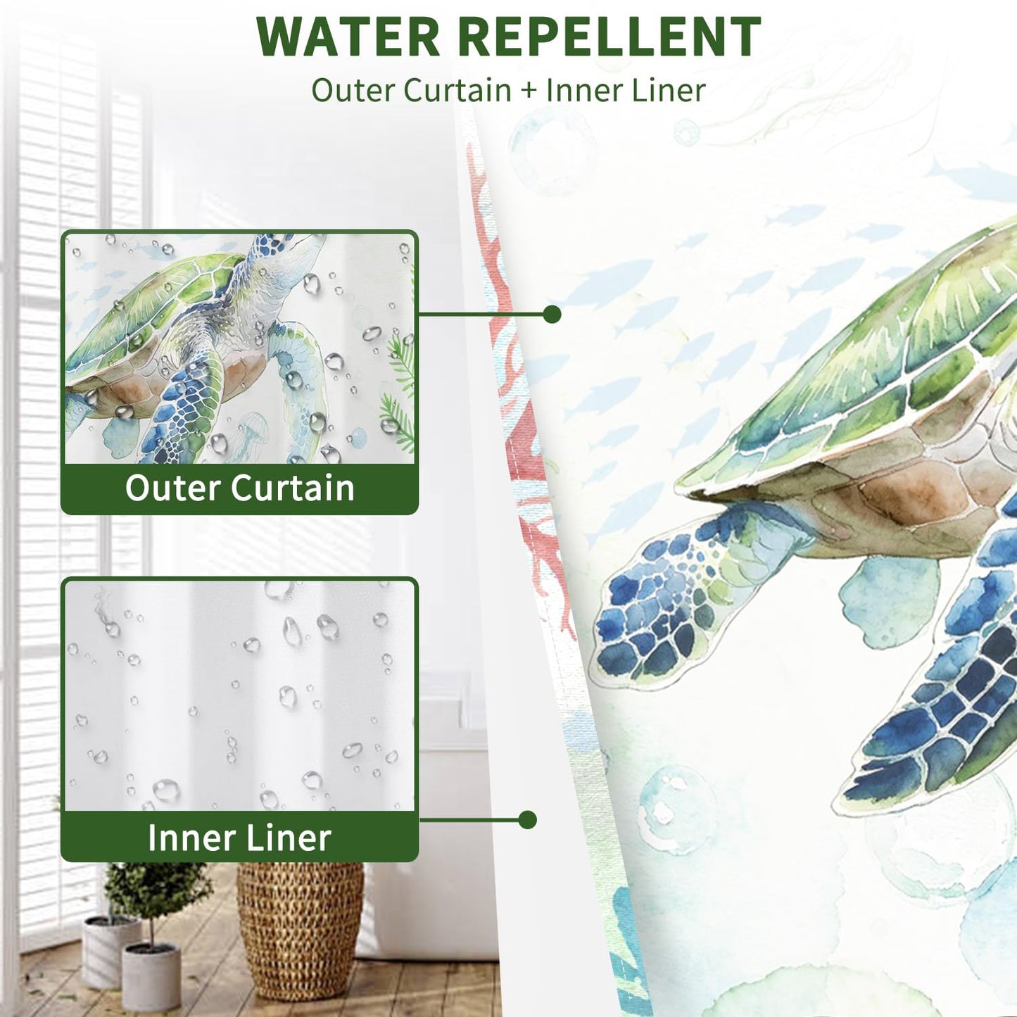 Snap On Shower Curtain Set 71x74 Inch, Hookless 2-in-1 Waterproof Curtain with Liner, Easy Install No Rings Needed, Beautiful Green Sea Turtle Underwater Scene, Durable Polyester Fabric