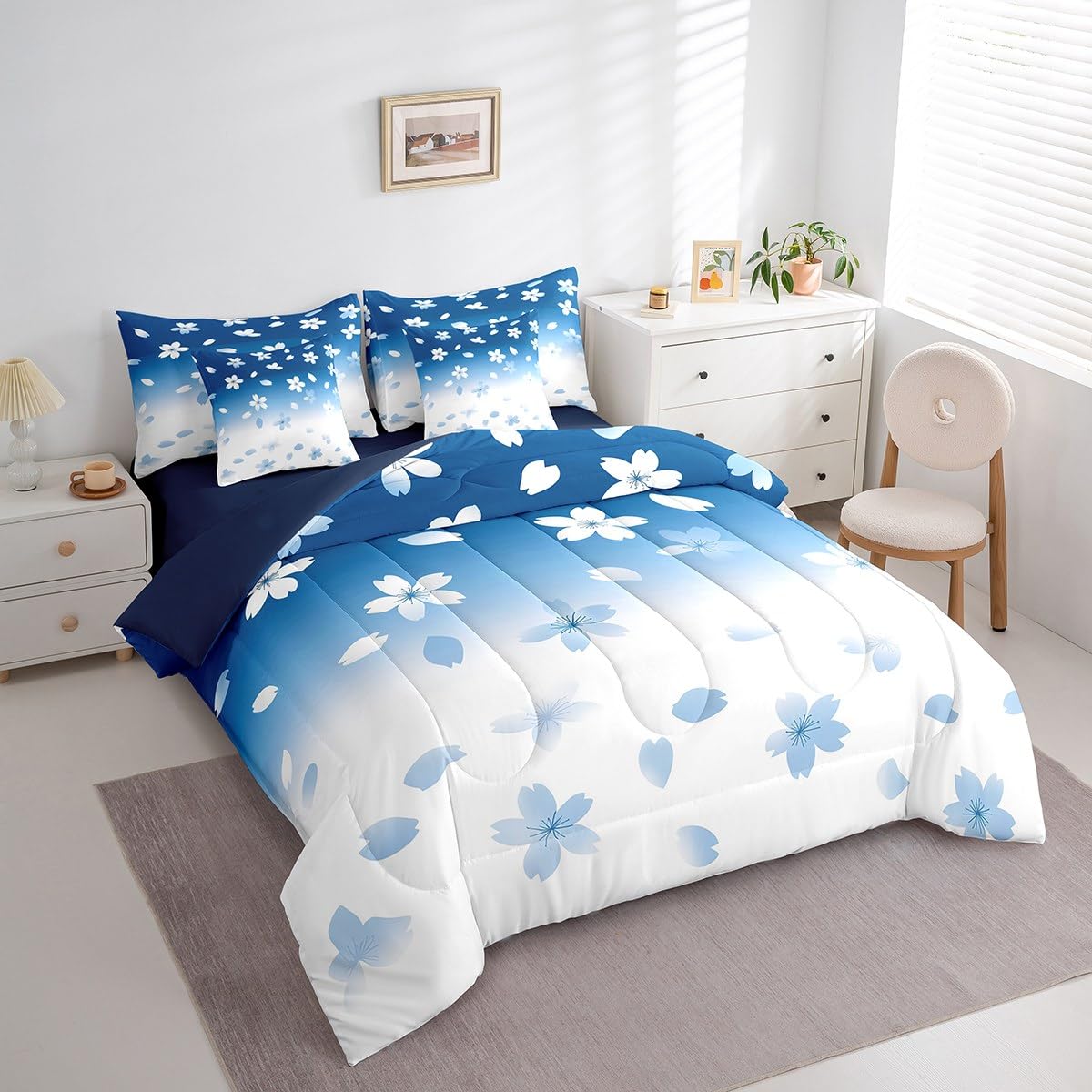 Erosebridal Blue Cherry Blossom Twin Comforter Set 7 Piece Dreamy Sakura Spring Plants Bedding Set Blue White Ombre Bed in A Bag for Kids Boys Girls,Japansese Style Botanical Theme Floral Bed Set